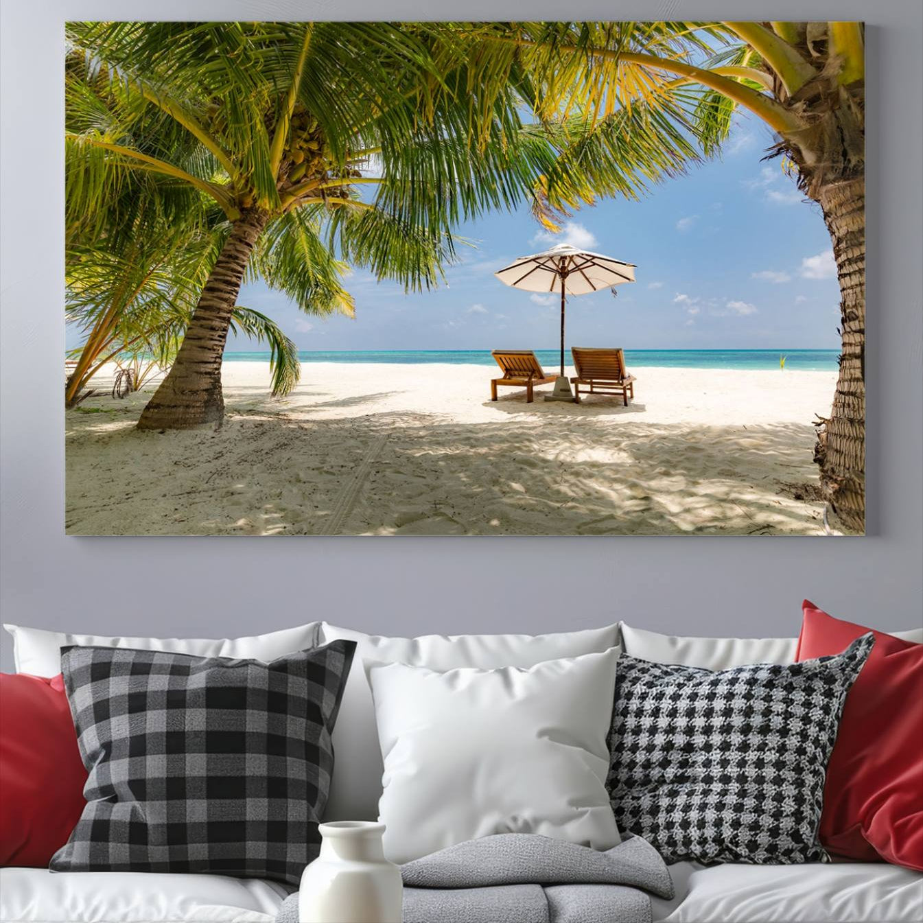 83601-MGV-CV-36X24-Lounge Chairs Palm Trees on Tropical Beach Canvas Wall Art Print