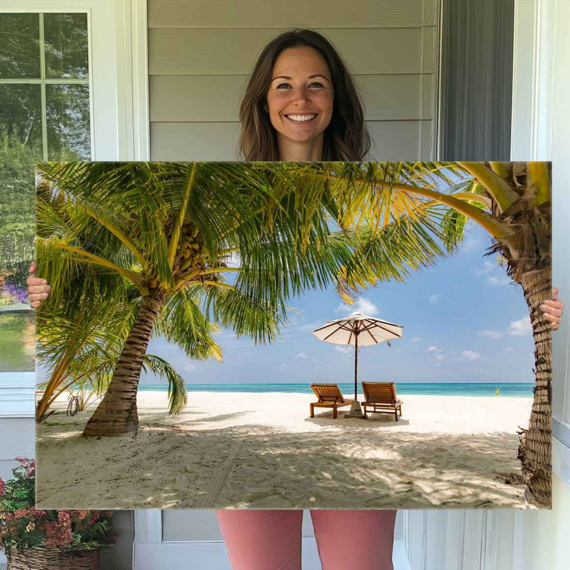 83601-MGV-CV-36X24-Lounge Chairs Palm Trees on Tropical Beach Canvas Wall Art Print