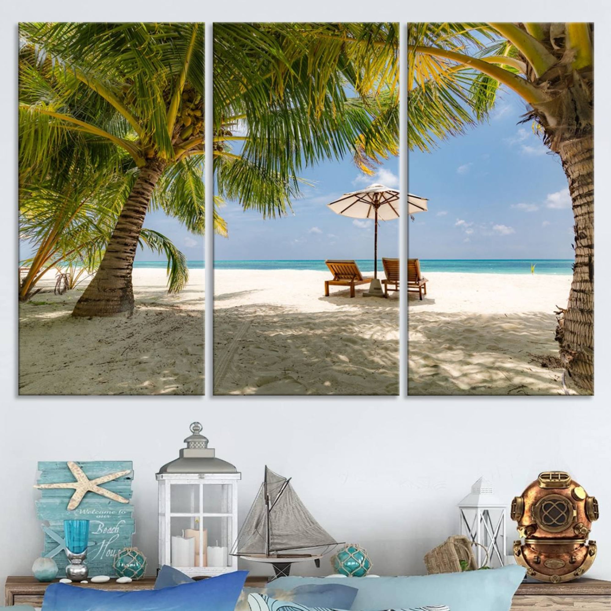 83601-MGV-CV-48X32-3P-Lounge Chairs Palm Trees on Tropical Beach Canvas Wall Art Print