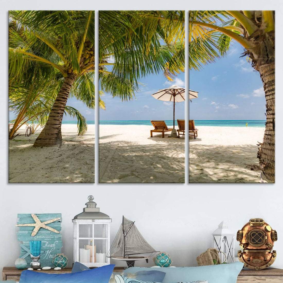 Lounge Chairs Palm Trees on Tropical Beach Canvas Wall Art