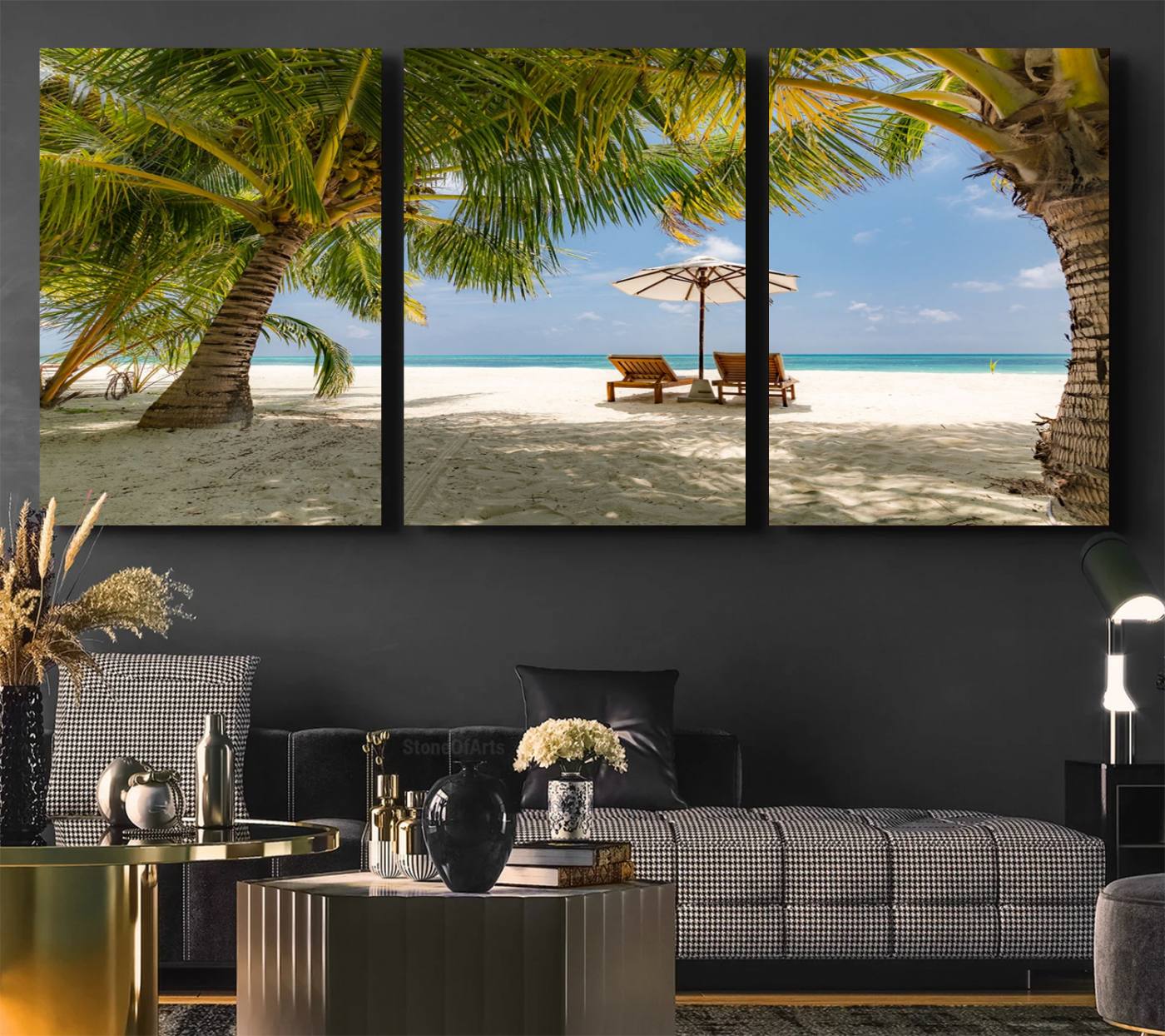 83601-MGV-CV-60X30-3P-Lounge Chairs Palm Trees on Tropical Beach Canvas Wall Art Print