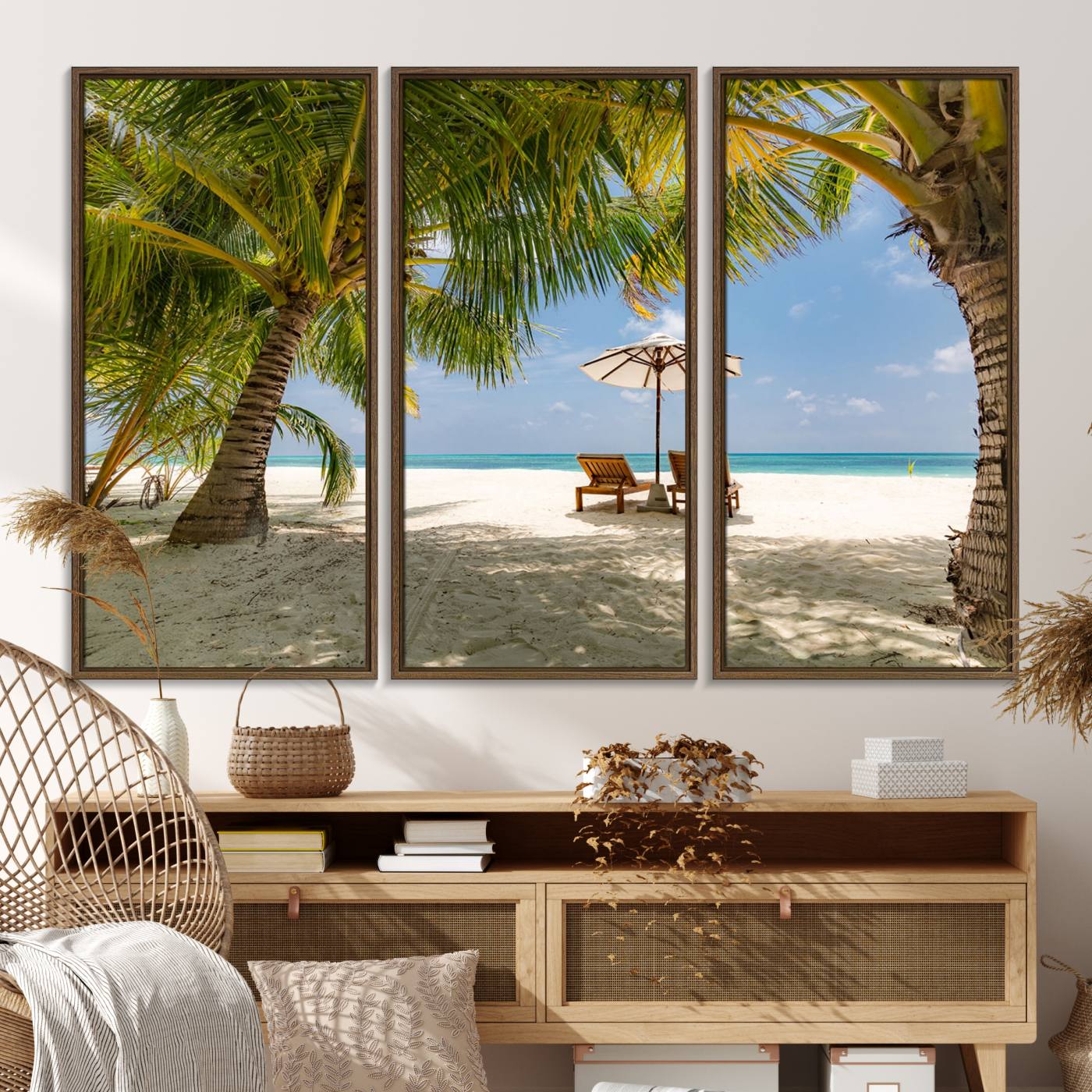 83601-MGV-FC-48X32-3P_Walnut-Lounge Chairs Palm Trees on Tropical Beach Canvas Wall Art Print
