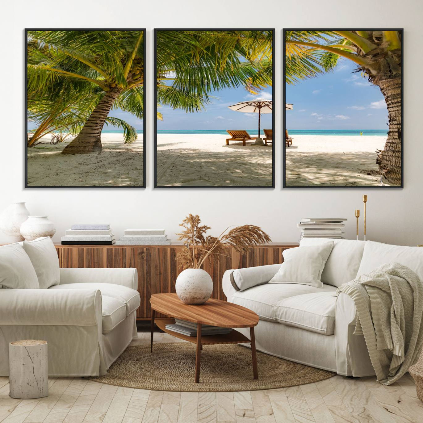 83601-MGV-FC-60X30-3P_Black-Lounge Chairs Palm Trees on Tropical Beach Canvas Wall Art Print