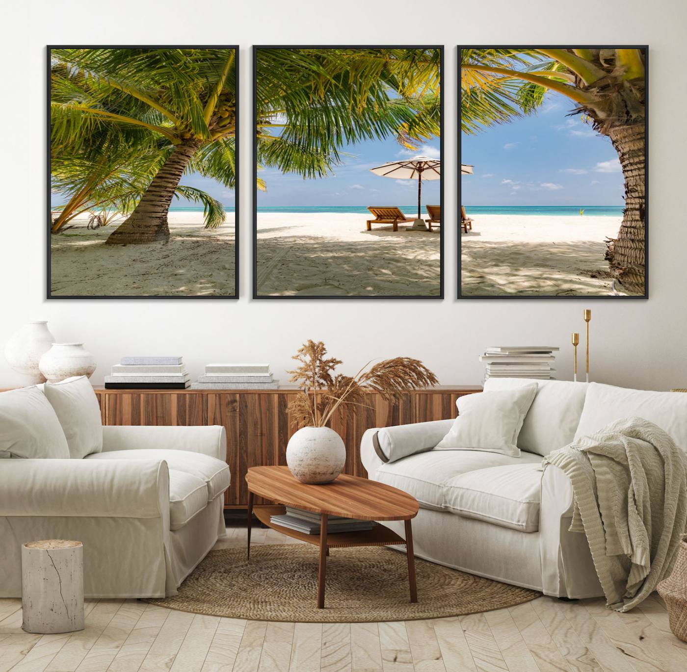 83601-MGV-FC-60X30-3P_Black-Lounge Chairs Palm Trees on Tropical Beach Canvas Wall Art Print