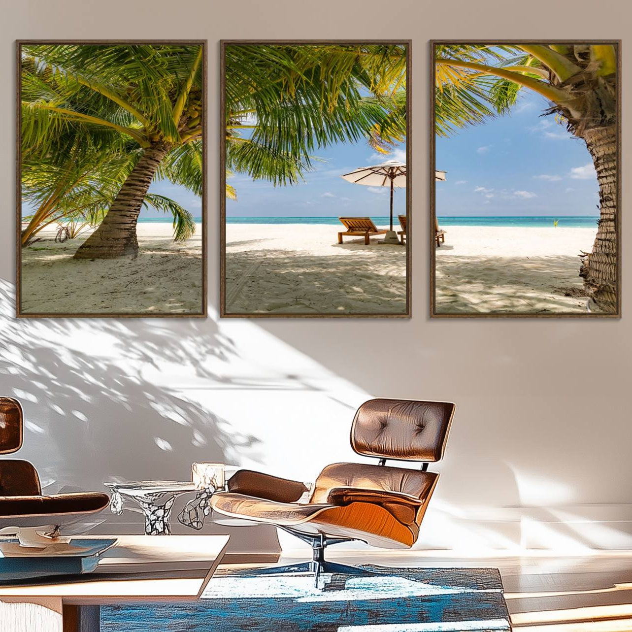 83601-MGV-FC-60X30-3P_Walnut-Lounge Chairs Palm Trees on Tropical Beach Canvas Wall Art Print
