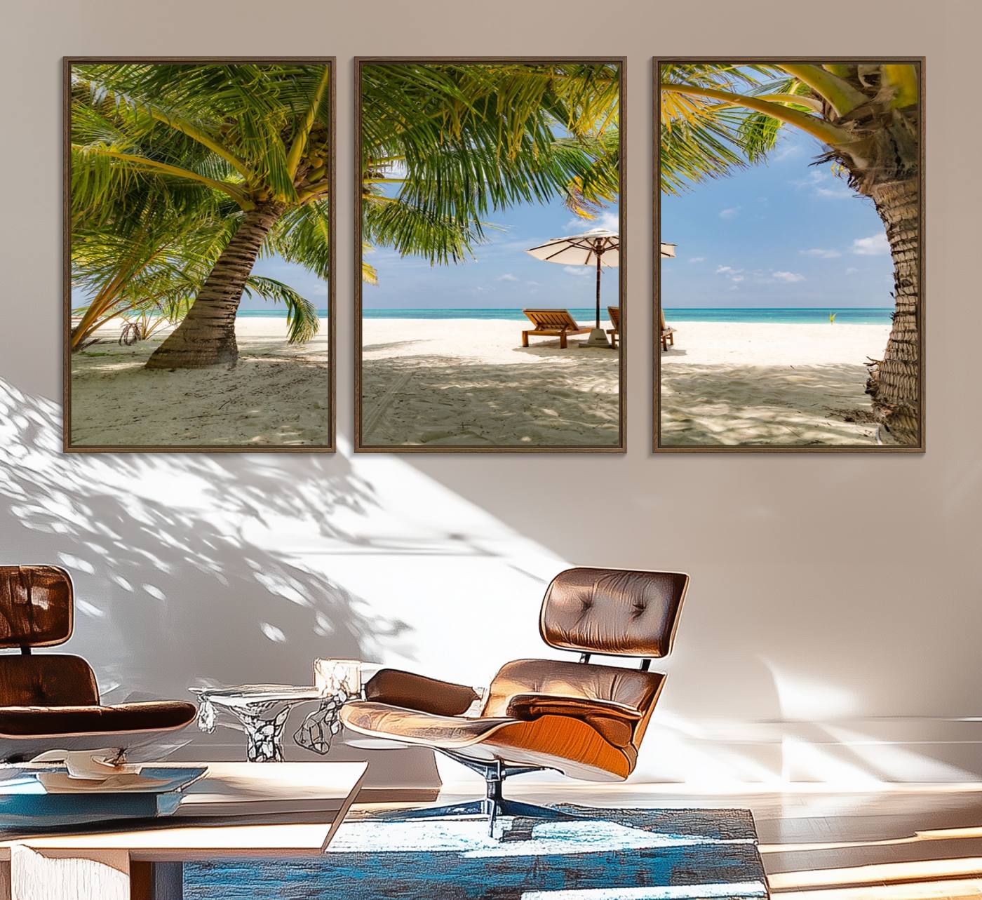 83601-MGV-FC-60X30-3P_Walnut-Lounge Chairs Palm Trees on Tropical Beach Canvas Wall Art Print