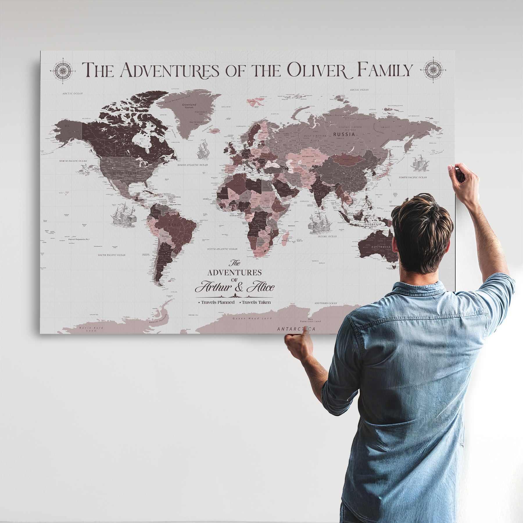 -Personalized Family Travel Map Canvas – Custom Framed Push Pin World Map, Unique Adventure Tracker Wall Art for Home, Office