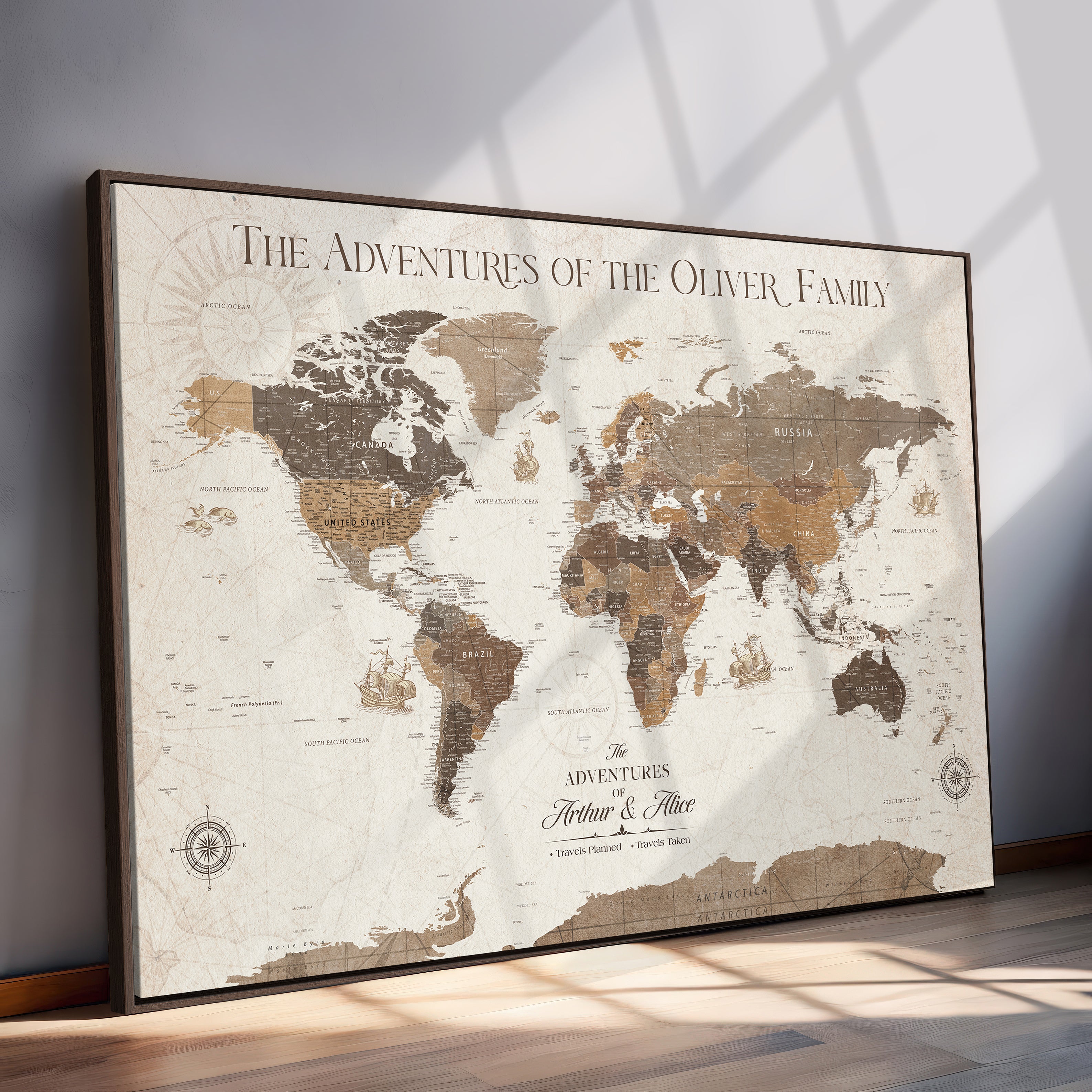 -Personalized Push Pin World Map Canvas Print Custom Family Travel Tracker Map Framed Adventure Gift for Couples Home Office