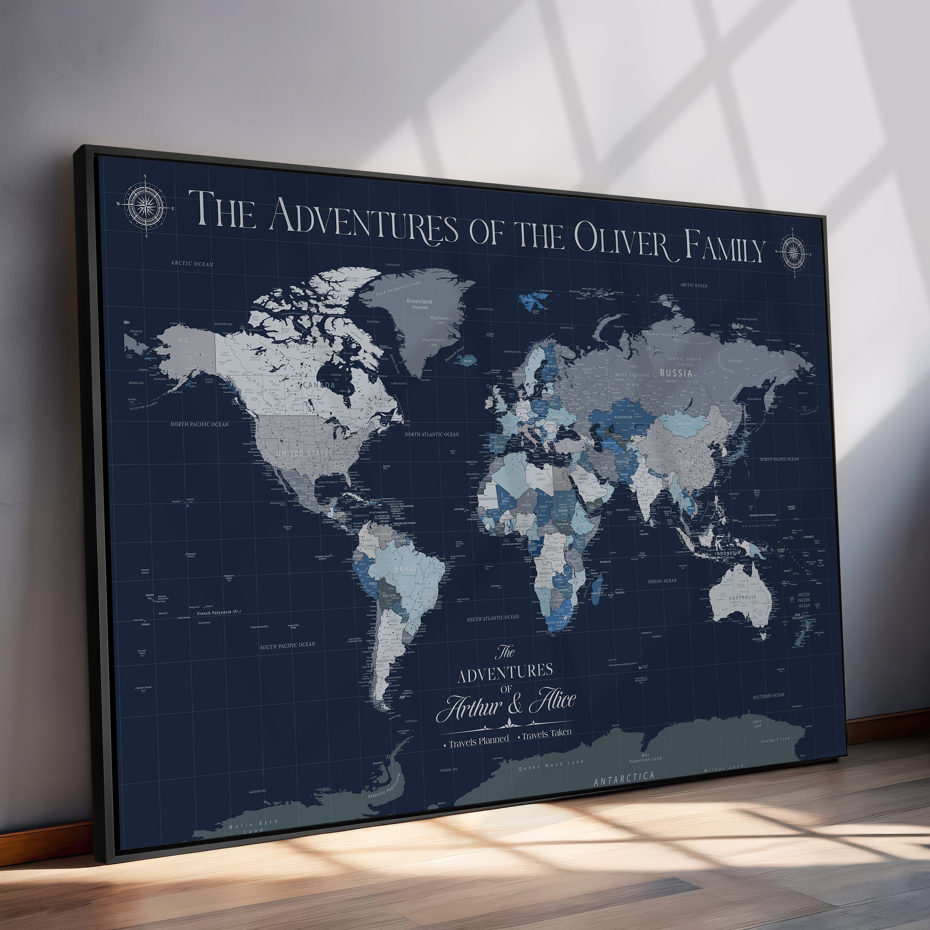 -Personalized Family Adventure World Map – Custom Framed Push Pin Travel Tracker Canvas, Elegant Wall Art for Home, Office