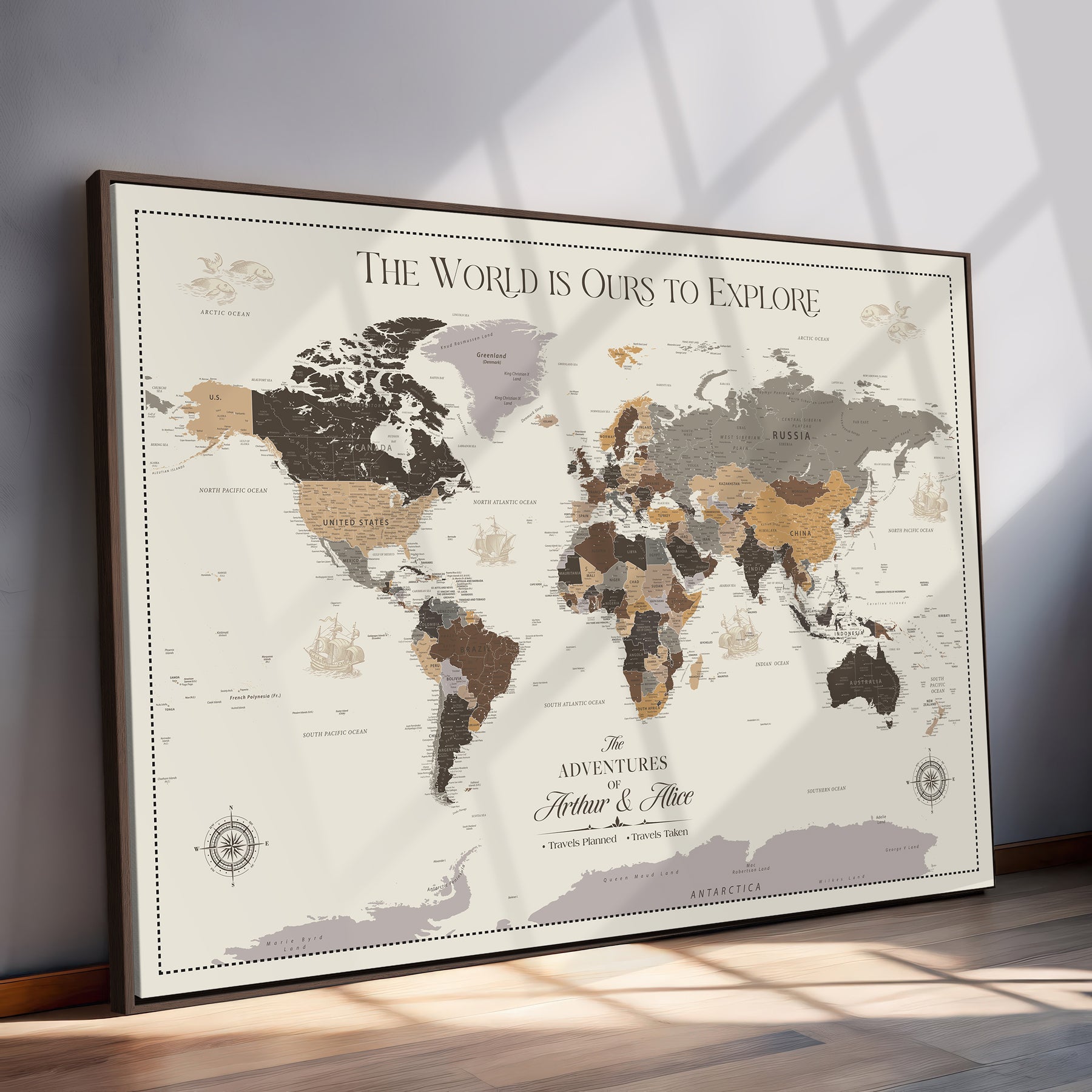-Personalized World Map Canvas Custom Framed Push Pin Travel Tracker Contemporary Wall Art Gift Couples Explorers Home Office