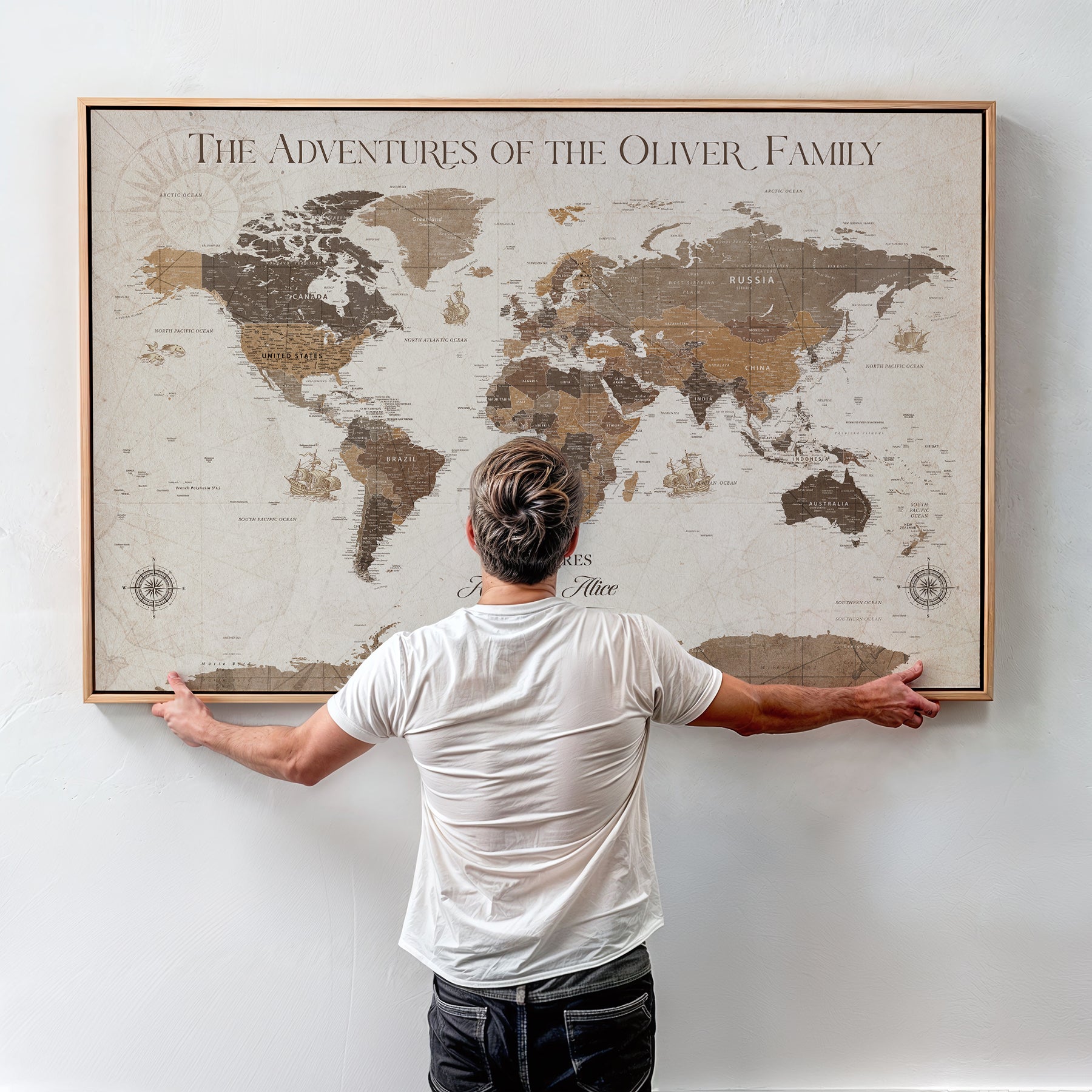 -Personalized Push Pin World Map Canvas Print Custom Family Travel Tracker Map Framed Adventure Gift for Couples Home Office