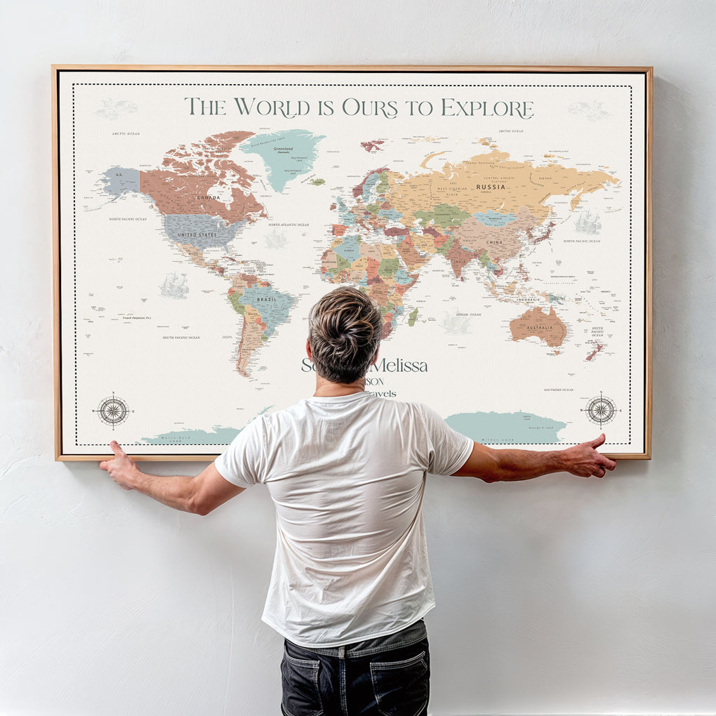 -Personalized Push Pin World Map Canvas – Custom Framed Travel Tracker Wall Art, Large Adventure Map with Pins for Home, Office
