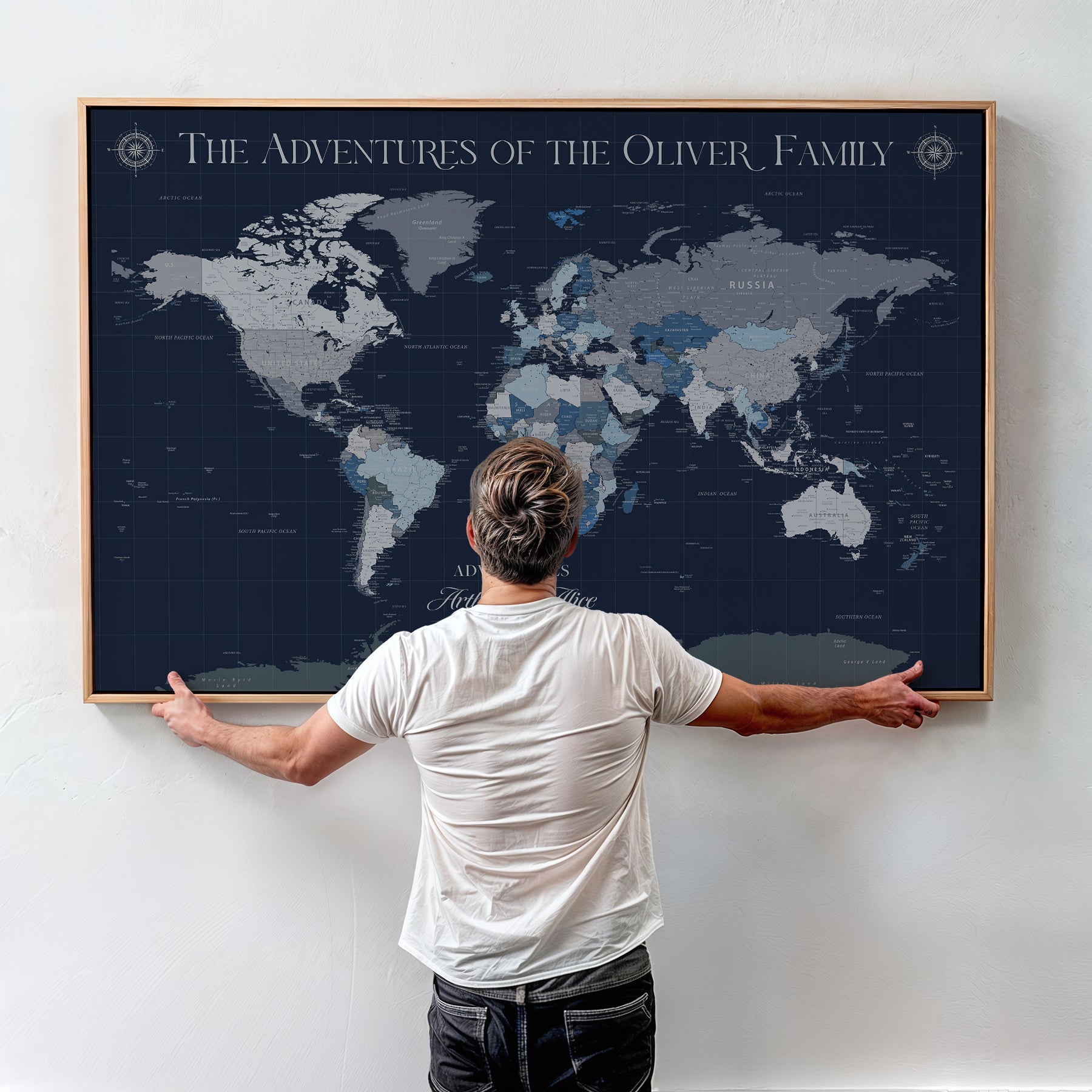 -Personalized Family Adventure World Map – Custom Framed Push Pin Travel Tracker Canvas, Elegant Wall Art for Home, Office