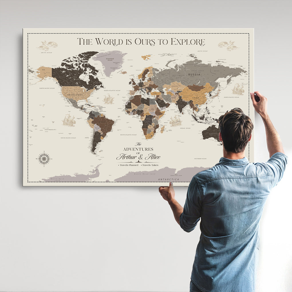 -Personalized World Map Canvas Custom Framed Push Pin Travel Tracker Contemporary Wall Art Gift Couples Explorers Home Office