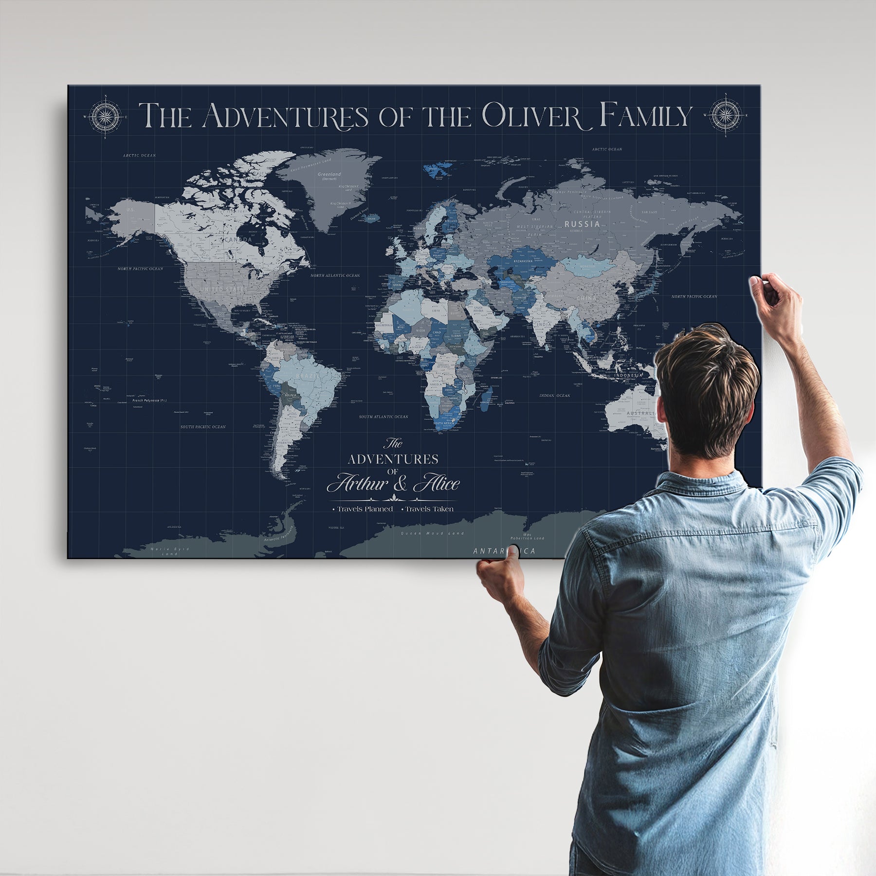 -Personalized Family Adventure World Map – Custom Framed Push Pin Travel Tracker Canvas, Elegant Wall Art for Home, Office