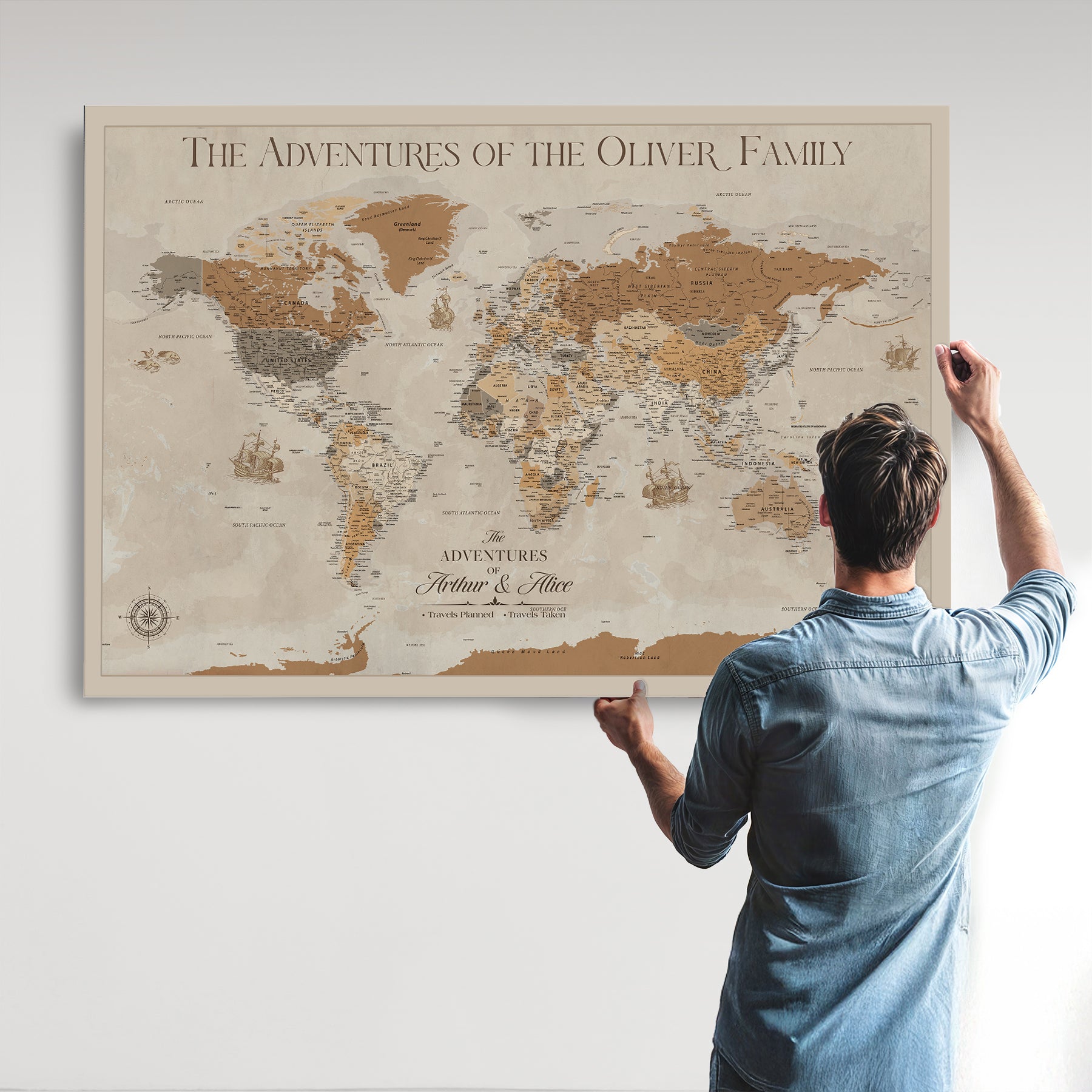 -Personalized Push Pin World Map Canvas – Custom Framed Travel Tracker Wall Art, Large Adventure Map with Pins for Home, Office