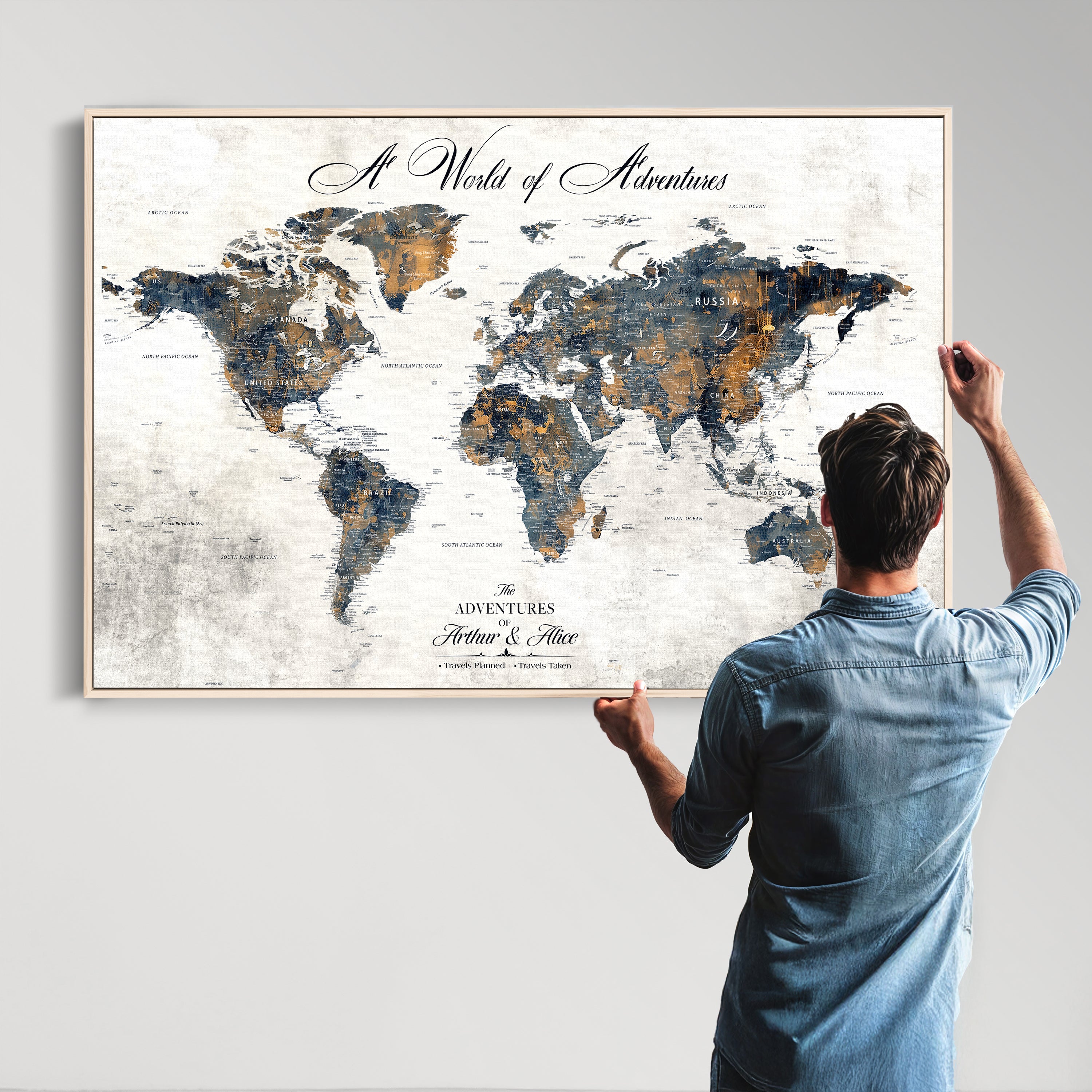 -Personalized Push Pin World Map Canvas – Custom Framed Travel Tracker Wall Art, Large Adventure Map with Pins for Home, Office
