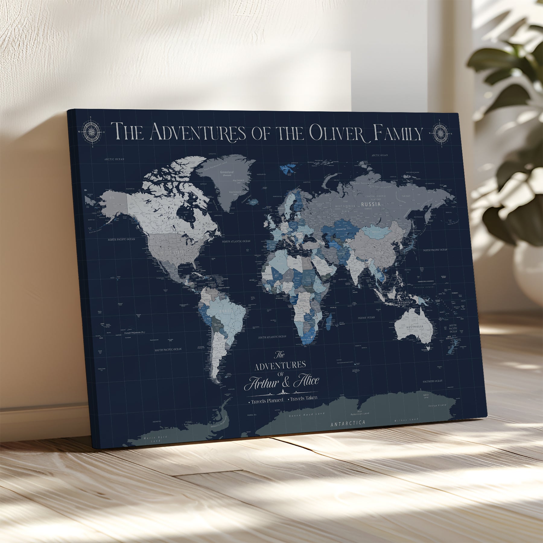 -Personalized Family Adventure World Map – Custom Framed Push Pin Travel Tracker Canvas, Elegant Wall Art for Home, Office