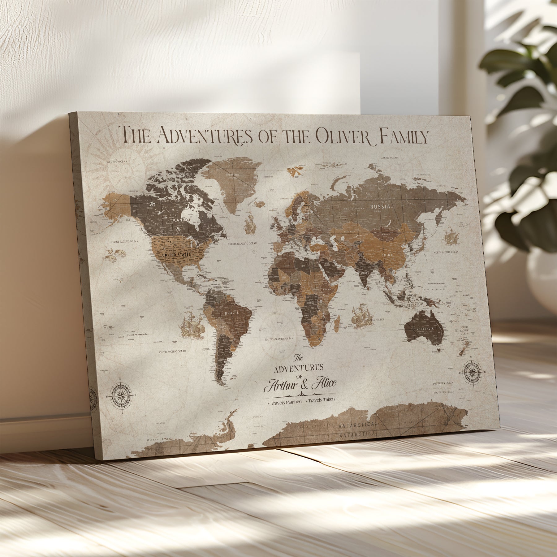 84483613-MGV-CV-36X24-Personalized Push Pin World Map Canvas Print Custom Family Travel Tracker Map Framed Adventure Gift for Couples Home Office