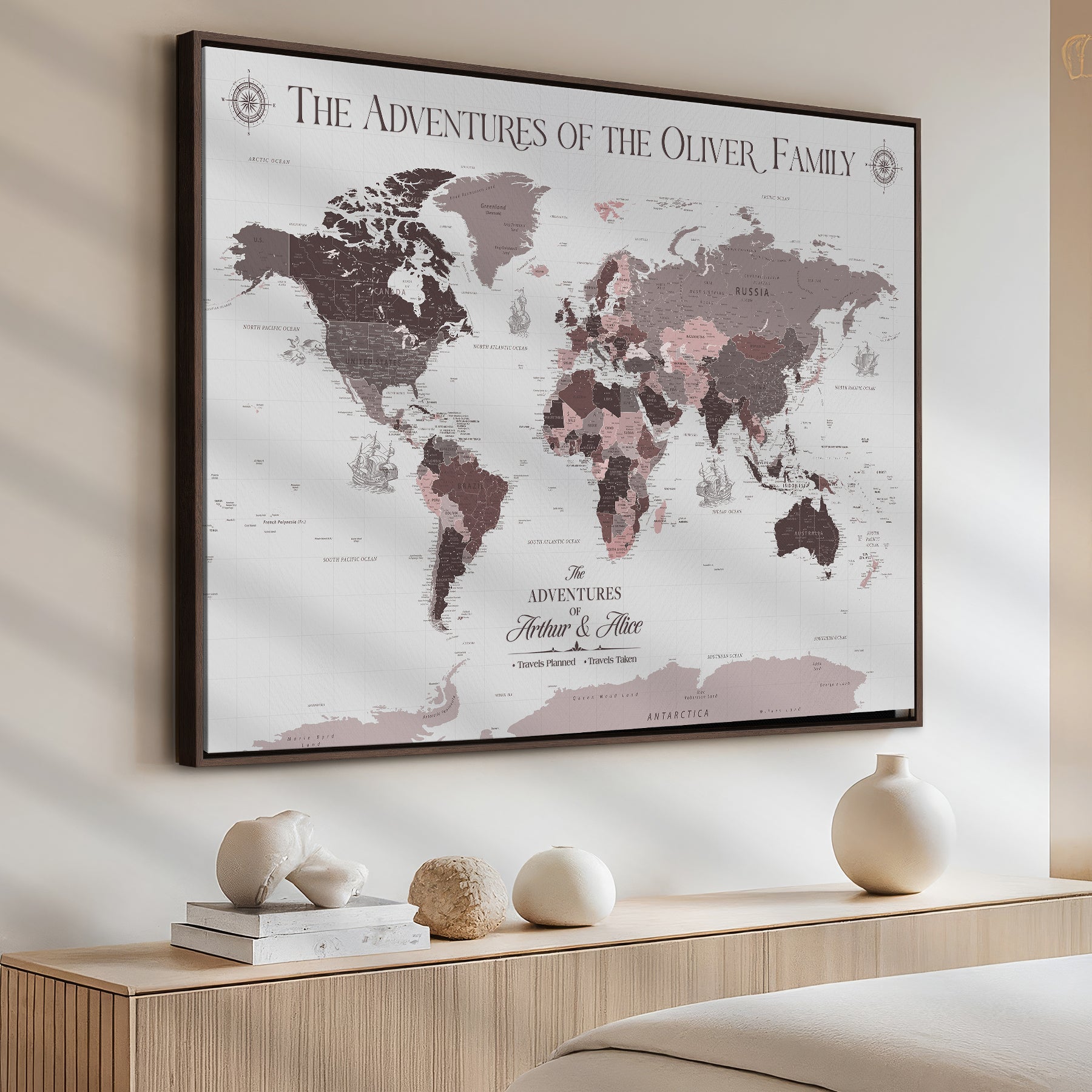 -Personalized Family Travel Map Canvas – Custom Framed Push Pin World Map, Unique Adventure Tracker Wall Art for Home, Office