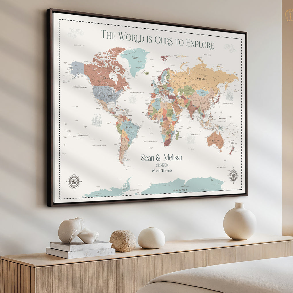 -Personalized Push Pin World Map Canvas – Custom Framed Travel Tracker Wall Art, Large Adventure Map with Pins for Home, Office