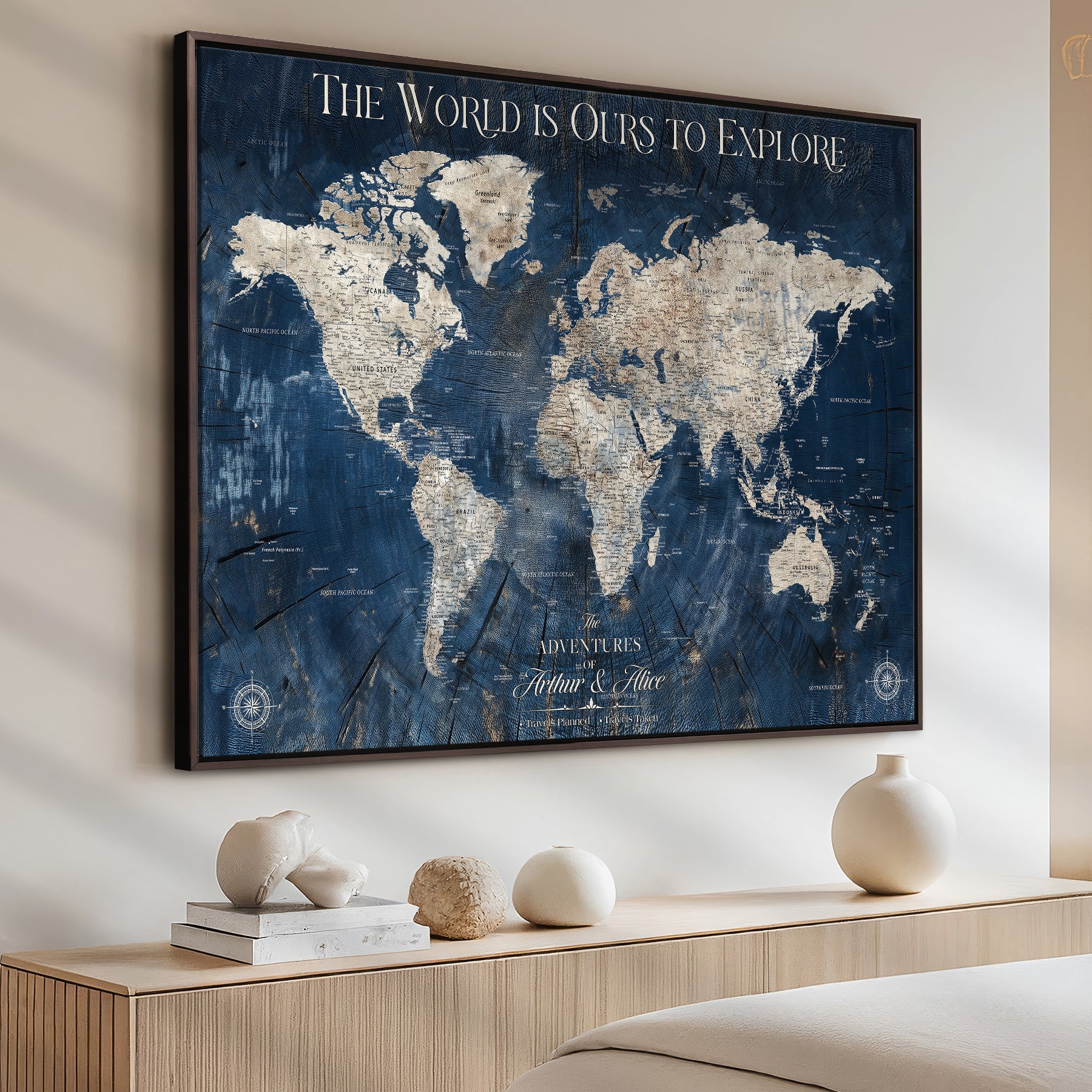 -Personalized Push Pin World Map Canvas – Custom Framed Travel Tracker Wall Art, Large Adventure Map with Pins for Home, Office