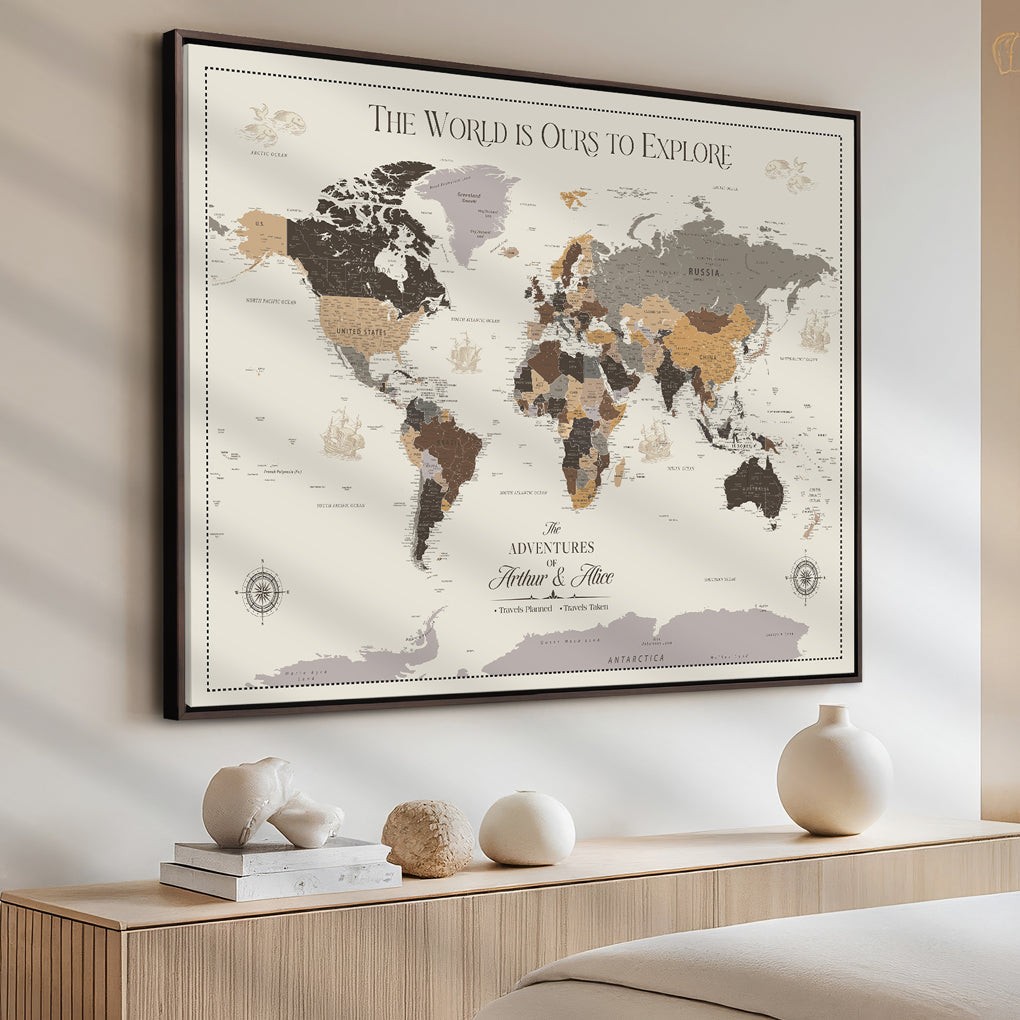 -Personalized World Map Canvas Custom Framed Push Pin Travel Tracker Contemporary Wall Art Gift Couples Explorers Home Office