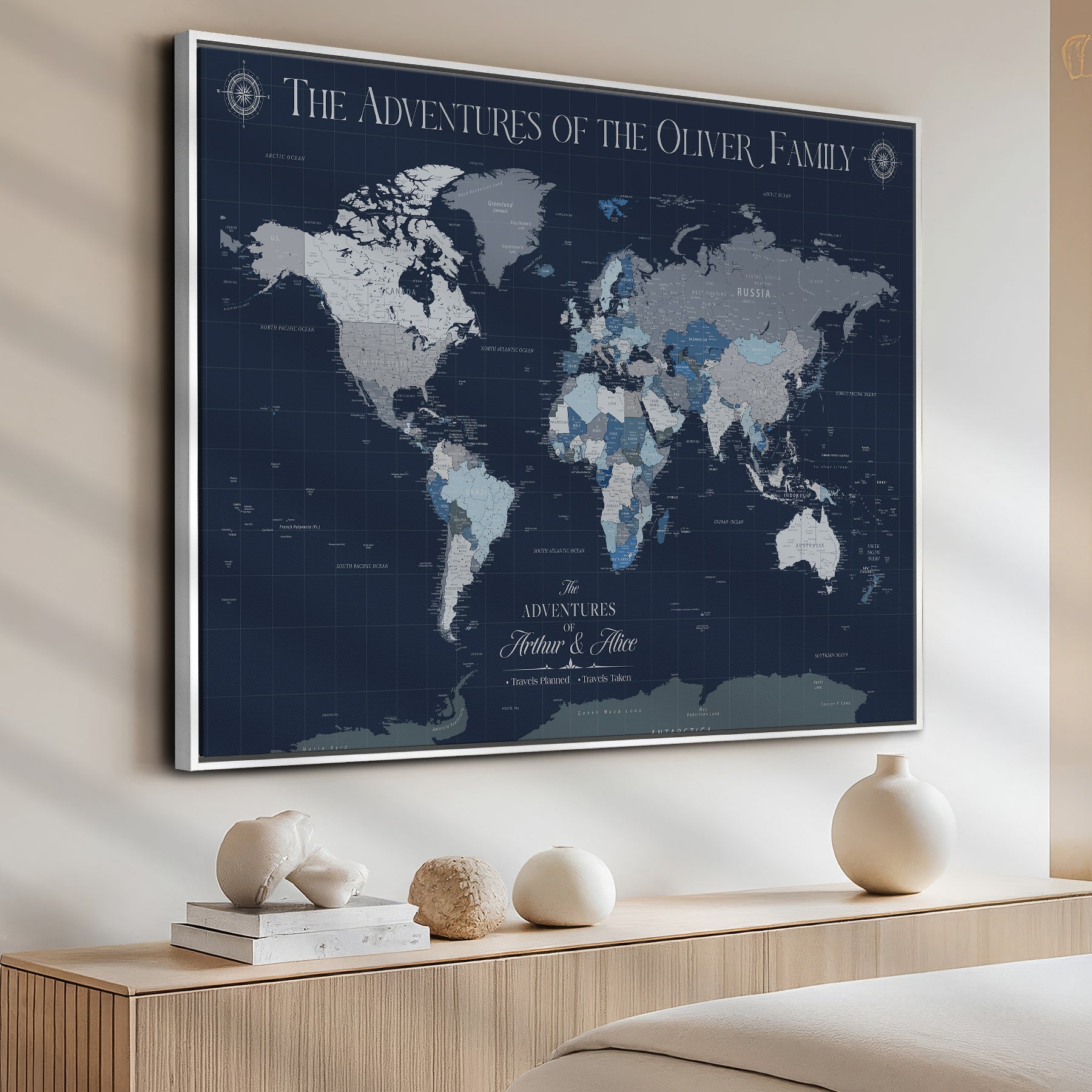 -Personalized Family Adventure World Map – Custom Framed Push Pin Travel Tracker Canvas, Elegant Wall Art for Home, Office