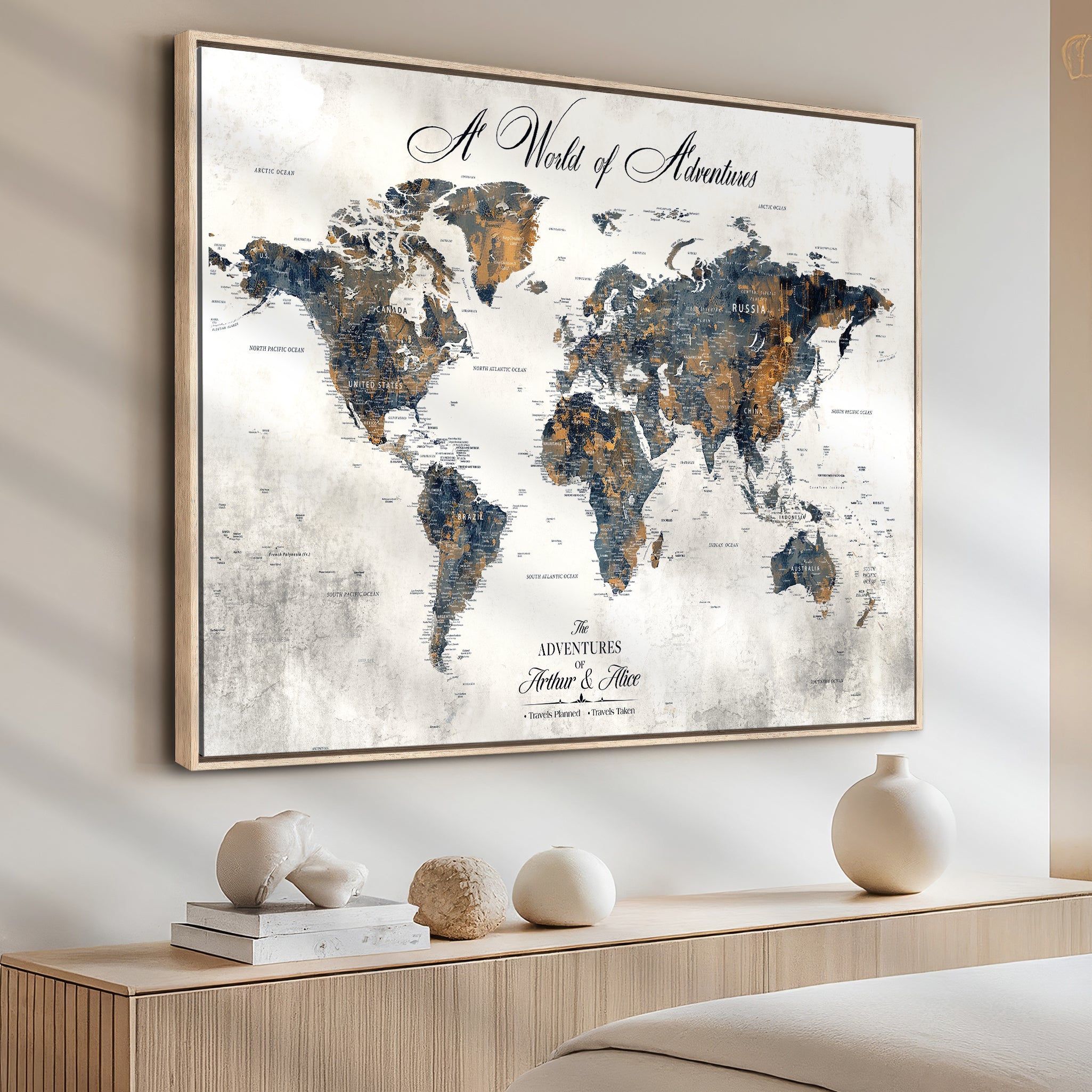 -Personalized Push Pin World Map Canvas – Custom Framed Travel Tracker Wall Art, Large Adventure Map with Pins for Home, Office