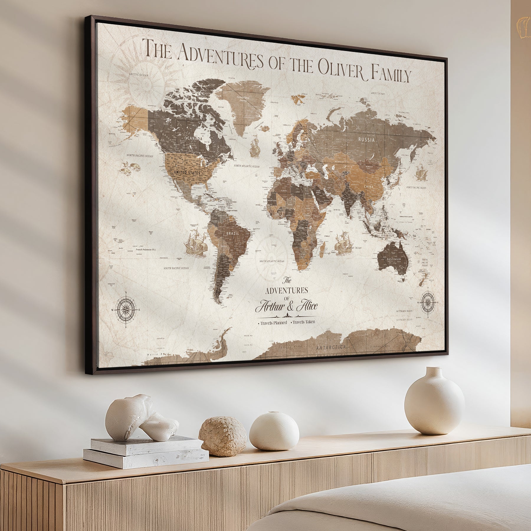 -Personalized Push Pin World Map Canvas Print Custom Family Travel Tracker Map Framed Adventure Gift for Couples Home Office