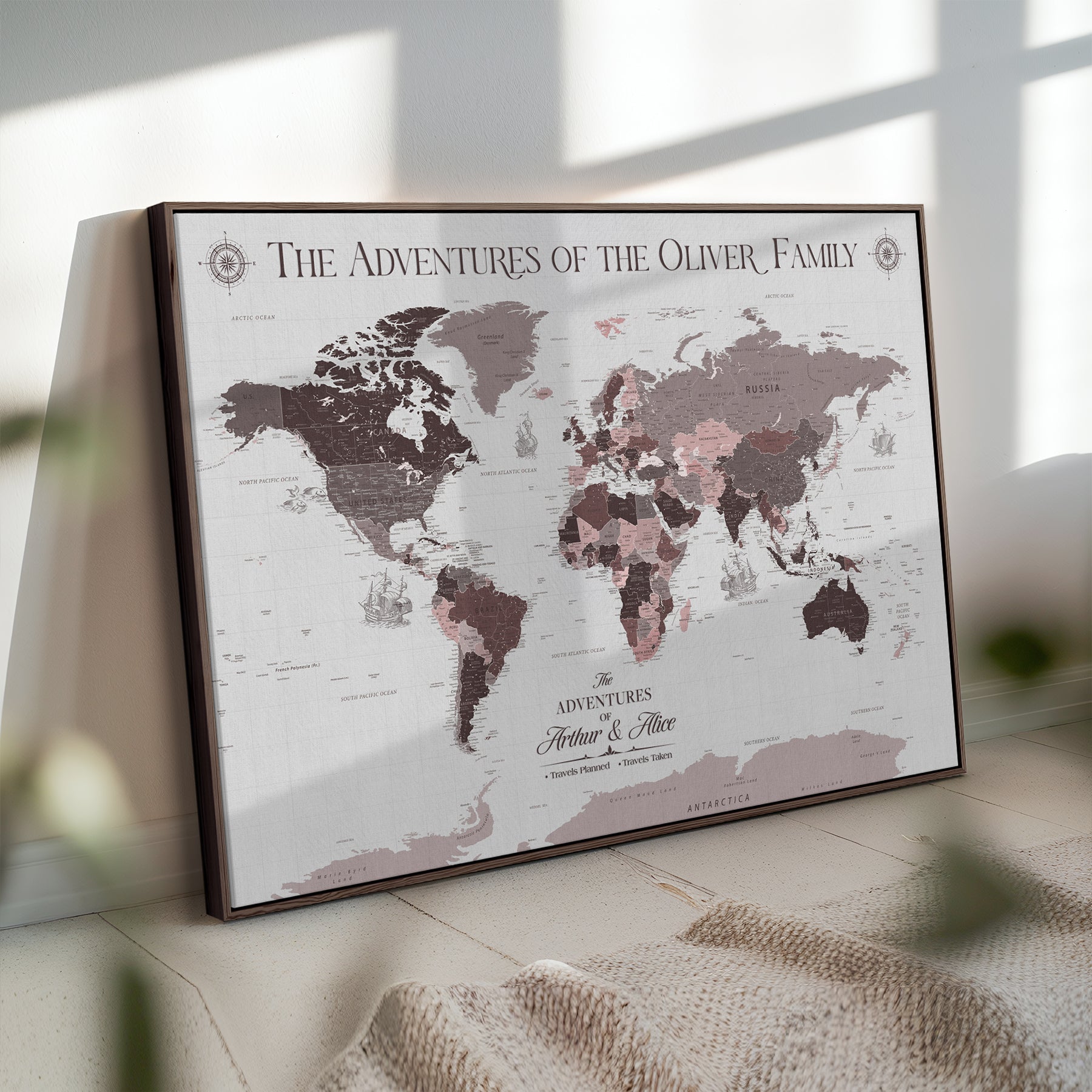 -Personalized Family Travel Map Canvas – Custom Framed Push Pin World Map, Unique Adventure Tracker Wall Art for Home, Office