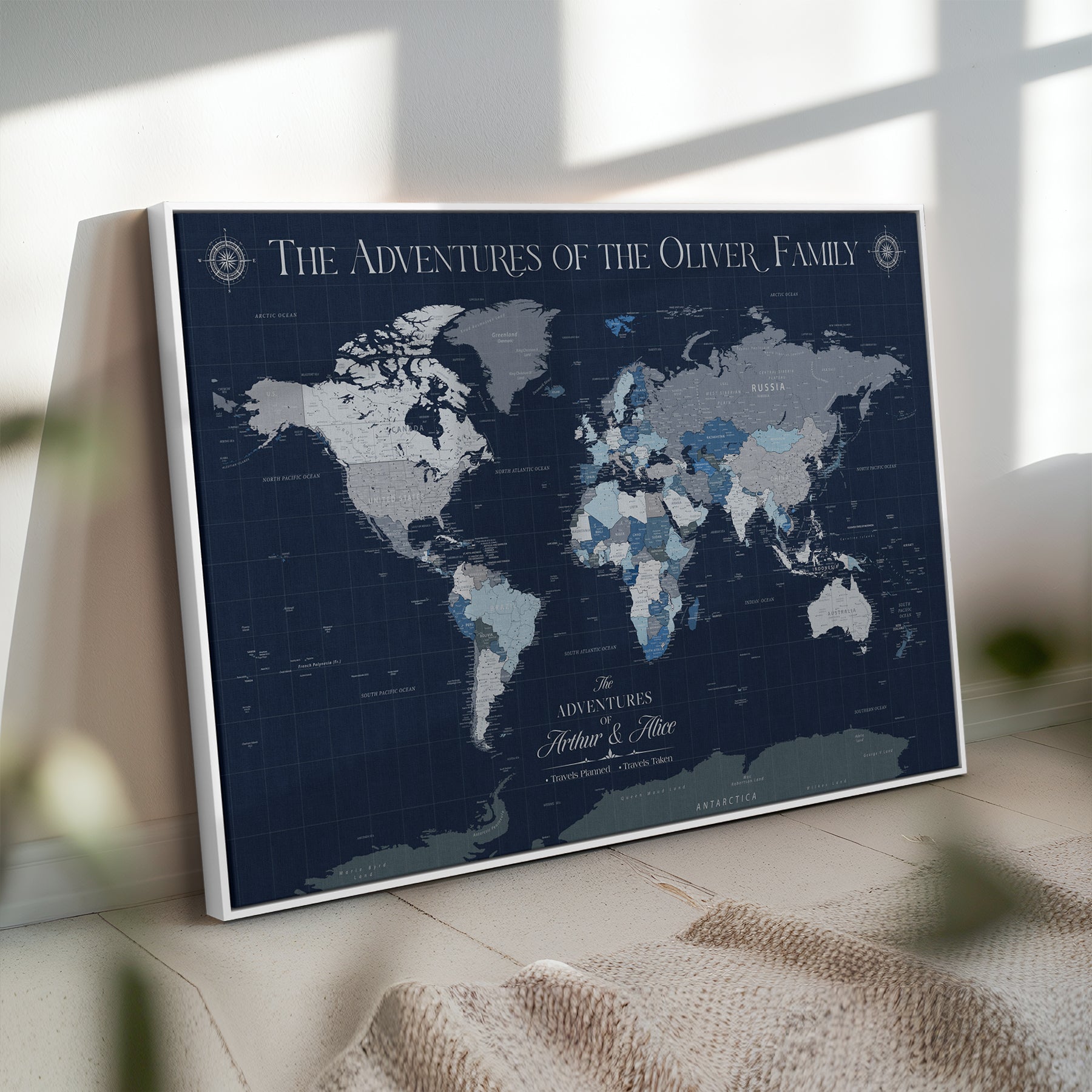 -Personalized Family Adventure World Map – Custom Framed Push Pin Travel Tracker Canvas, Elegant Wall Art for Home, Office