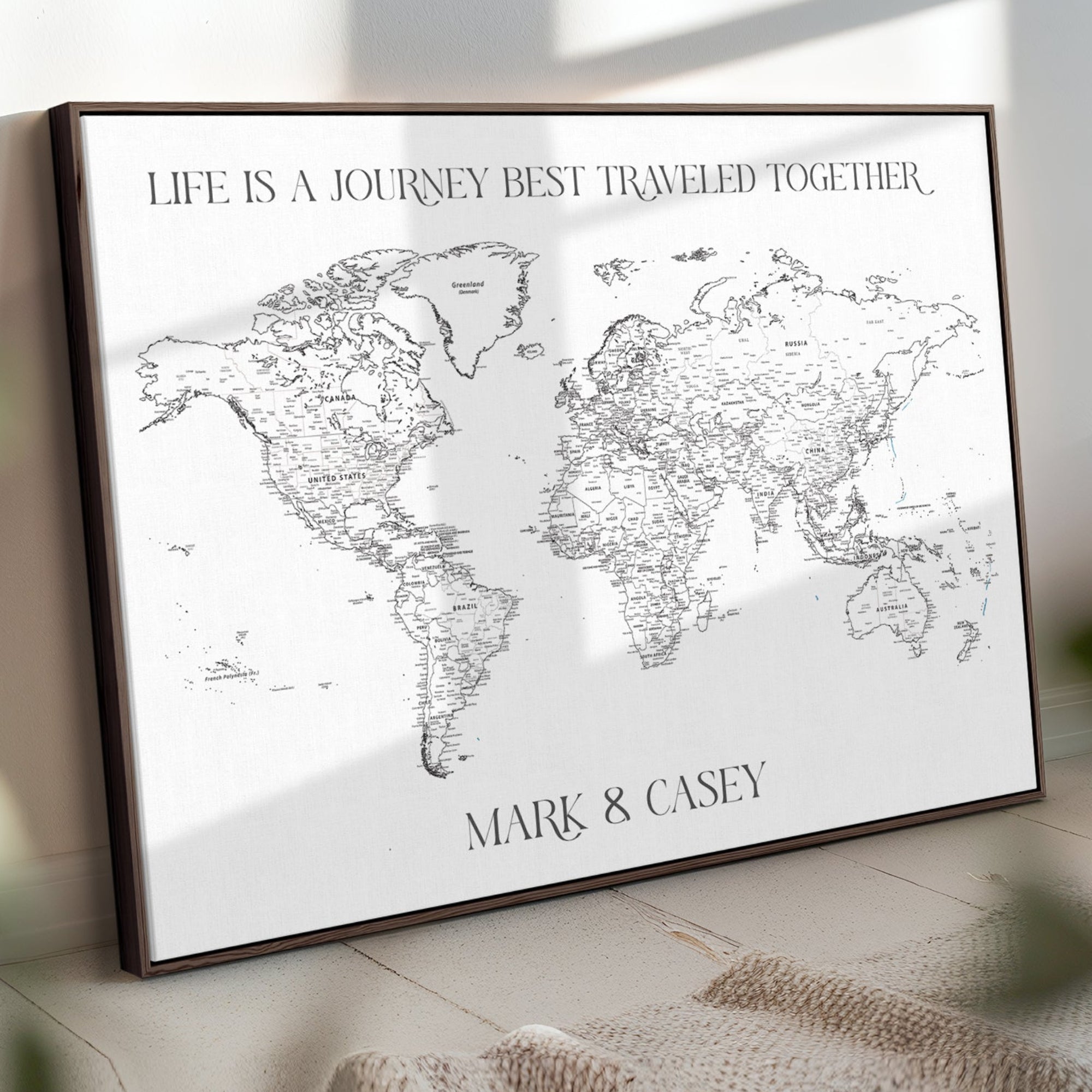 -Custom Push Pin World Map Print Personalized Canvas Wall Art Travel Memories Framed Gift for Couples for Home, Office