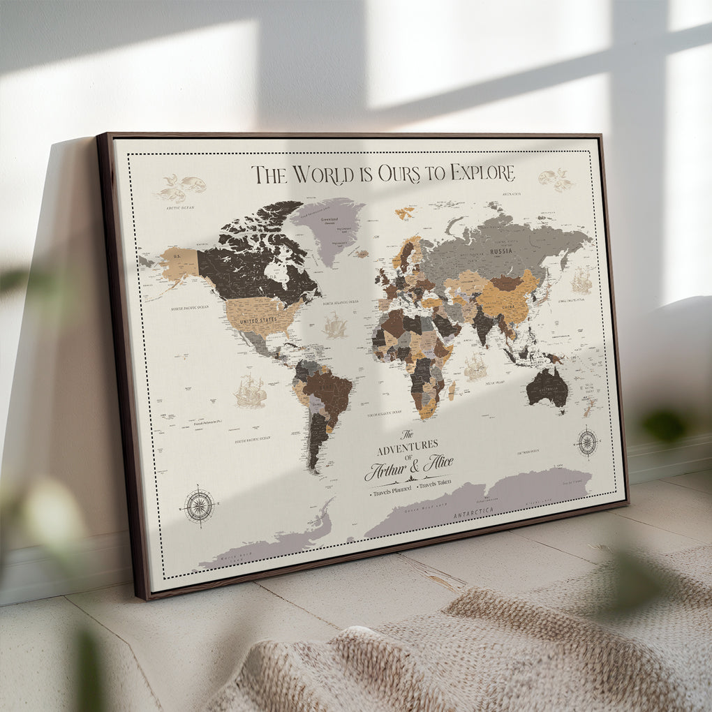 -Personalized Push Pin World Map Canvas – Custom Framed Travel Tracker Wall Art, Large Adventure Map with Pins for Home, Office