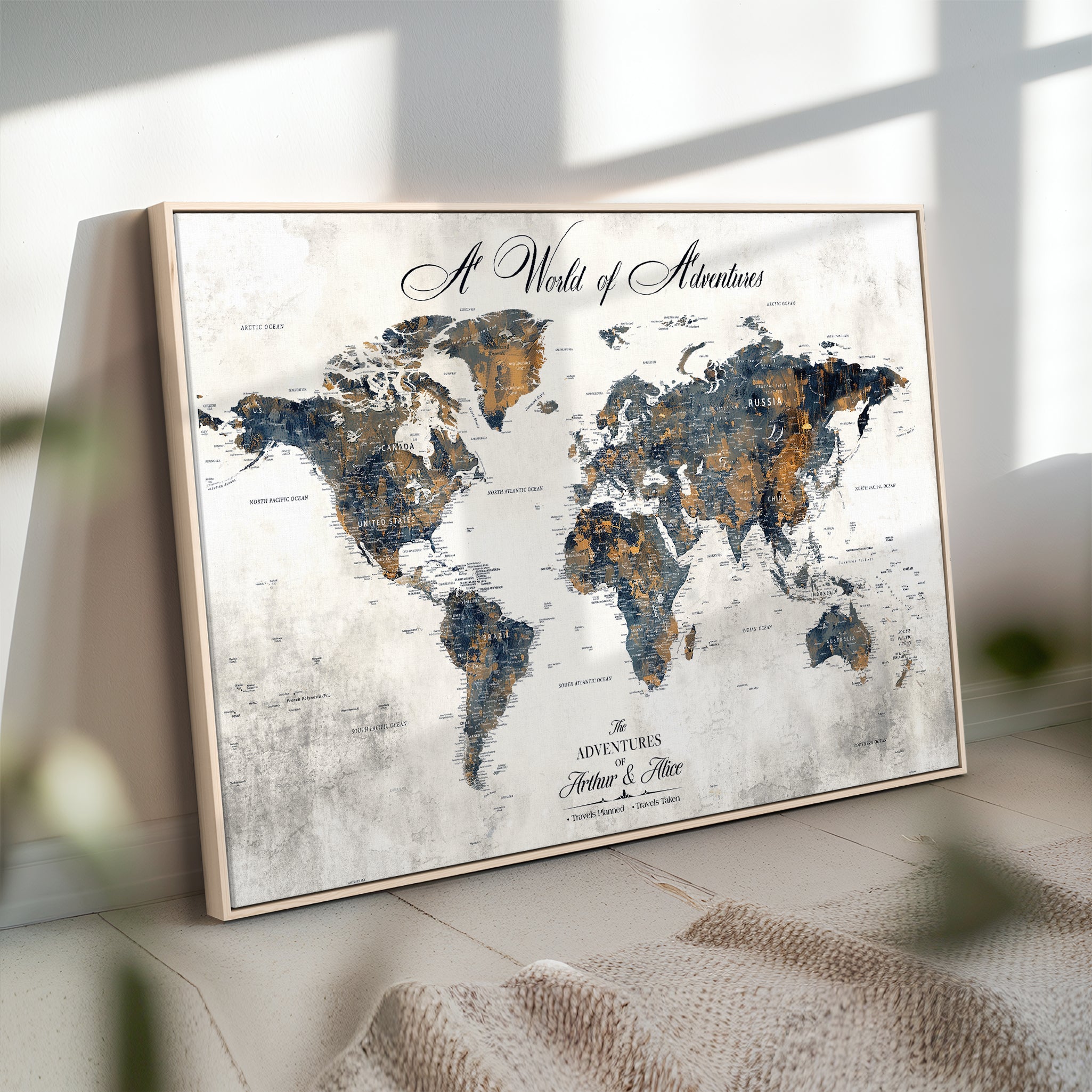 -Personalized Push Pin World Map Canvas – Custom Framed Travel Tracker Wall Art, Large Adventure Map with Pins for Home, Office