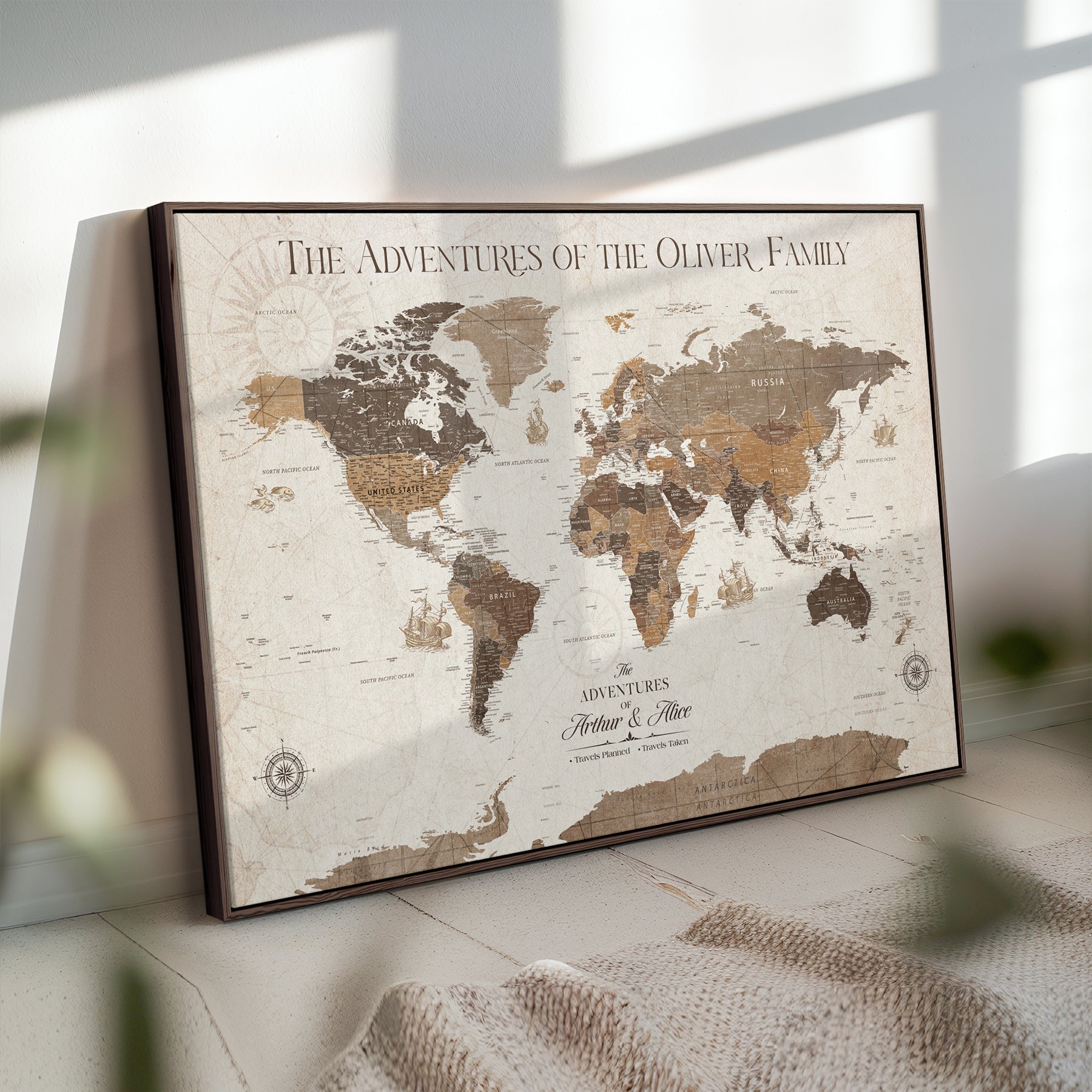 -Personalized Push Pin World Map Canvas Print Custom Family Travel Tracker Map Framed Adventure Gift for Couples Home Office