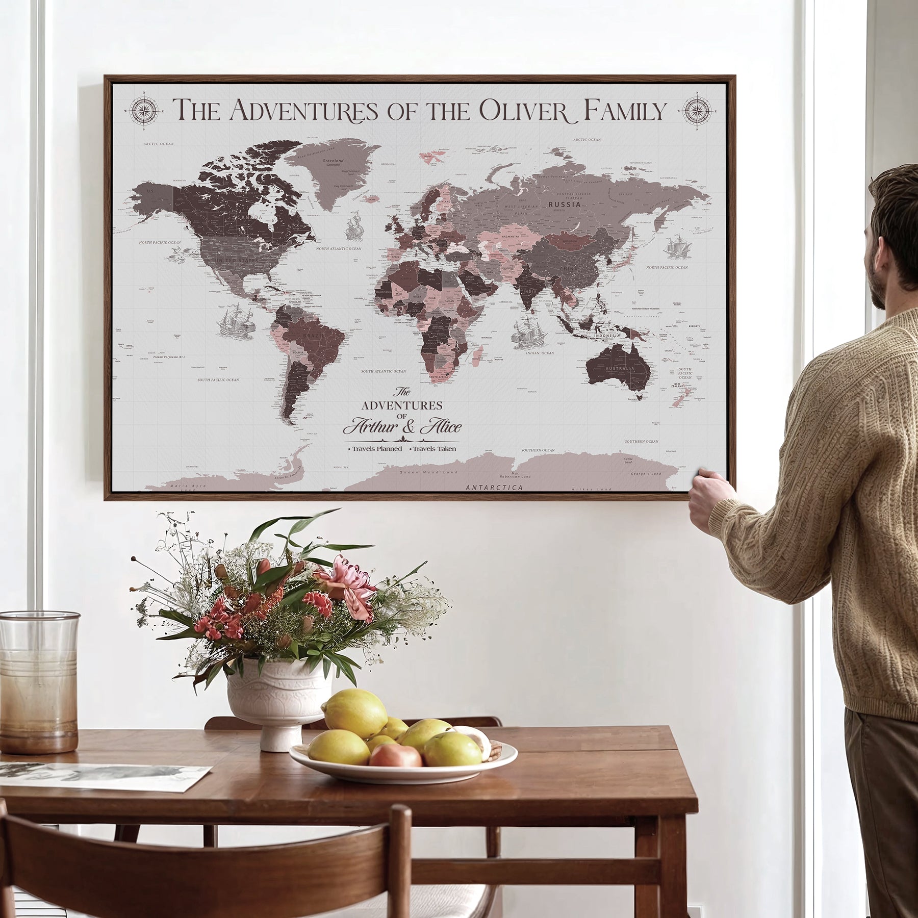 -Personalized Family Travel Map Canvas – Custom Framed Push Pin World Map, Unique Adventure Tracker Wall Art for Home, Office