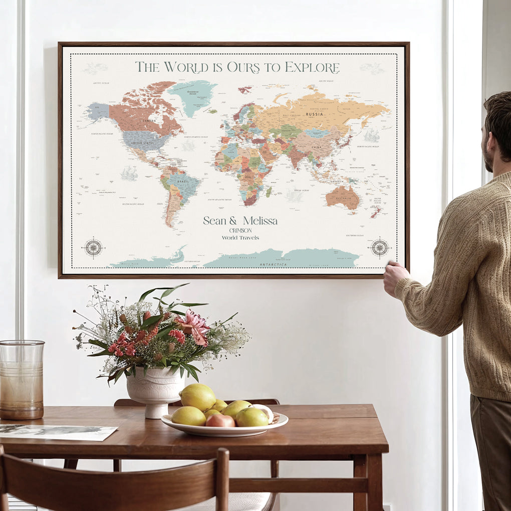 -Personalized Push Pin World Map Canvas – Custom Framed Travel Tracker Wall Art, Large Adventure Map with Pins for Home, Office