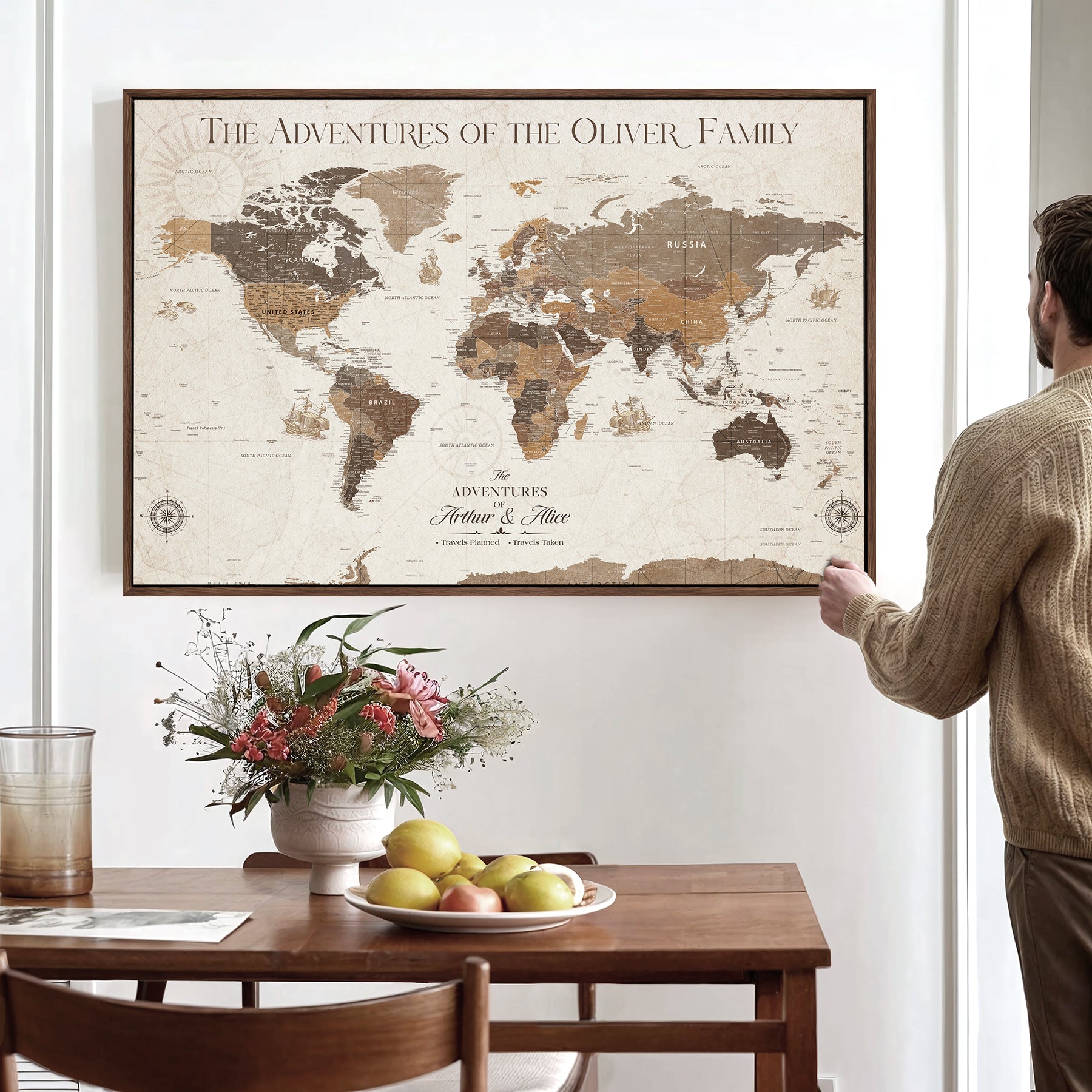-Personalized Push Pin World Map Canvas Print Custom Family Travel Tracker Map Framed Adventure Gift for Couples Home Office