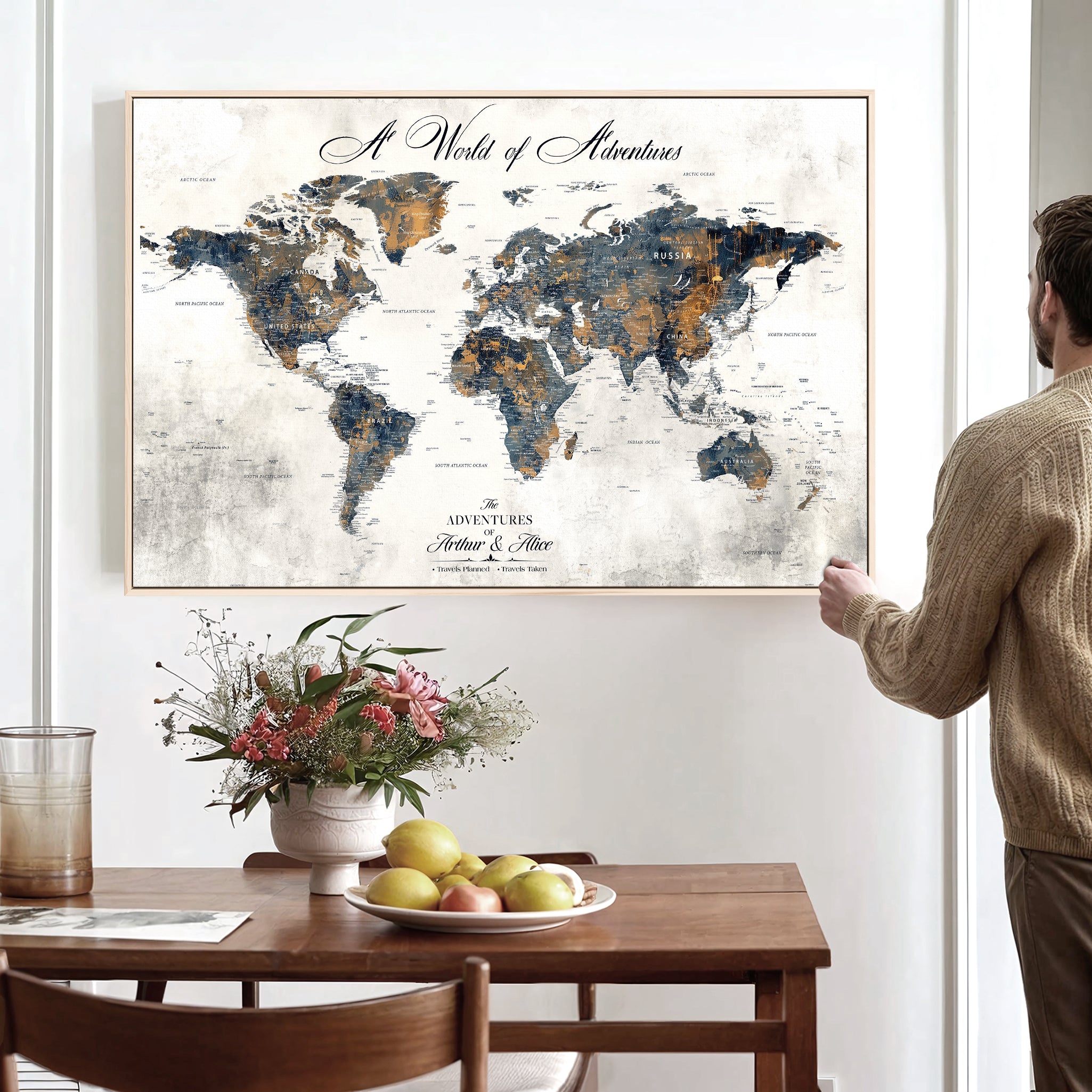 -Personalized Push Pin World Map Canvas – Custom Framed Travel Tracker Wall Art, Large Adventure Map with Pins for Home, Office