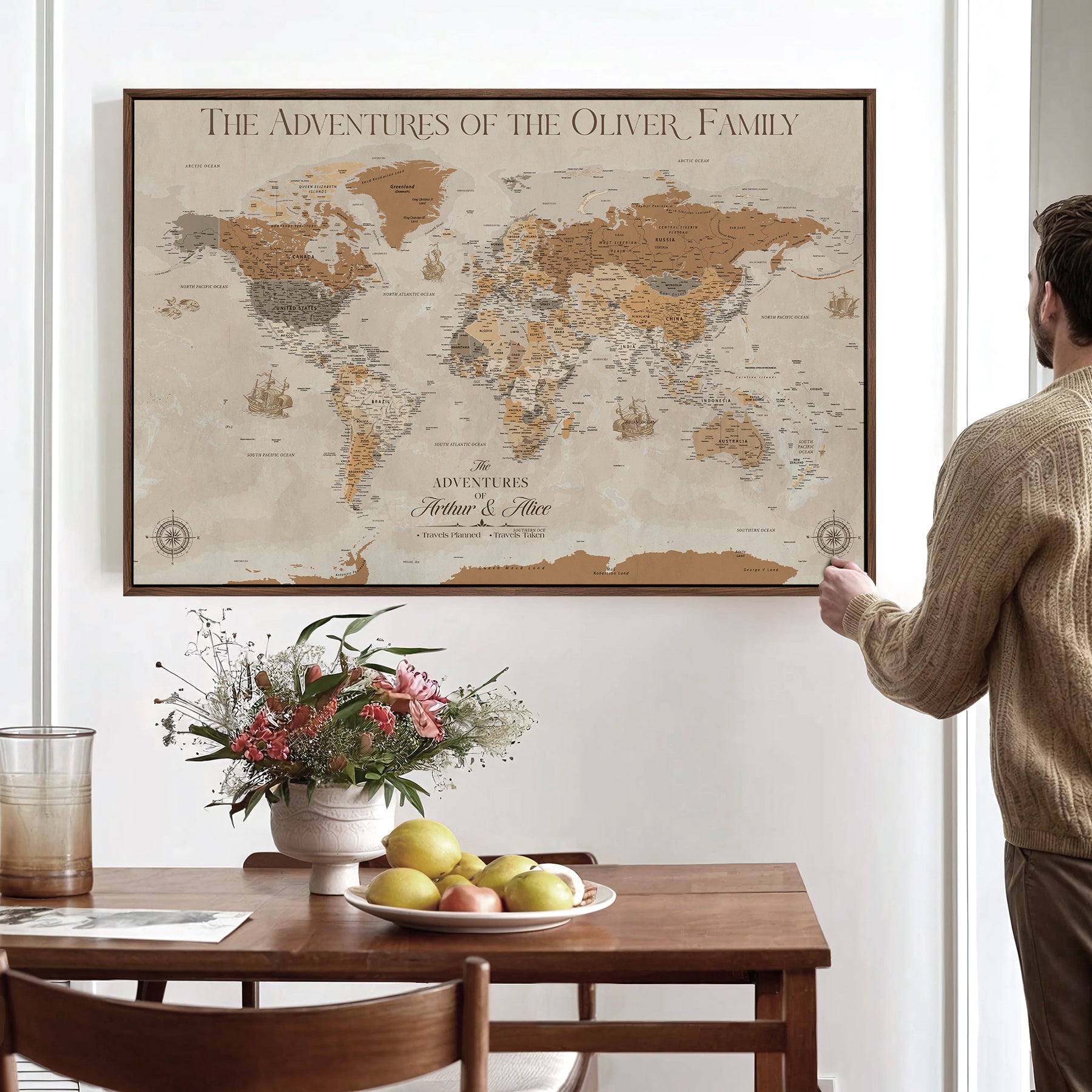 -Personalized Push Pin World Map Canvas – Custom Framed Travel Tracker Wall Art, Large Adventure Map with Pins for Home, Office
