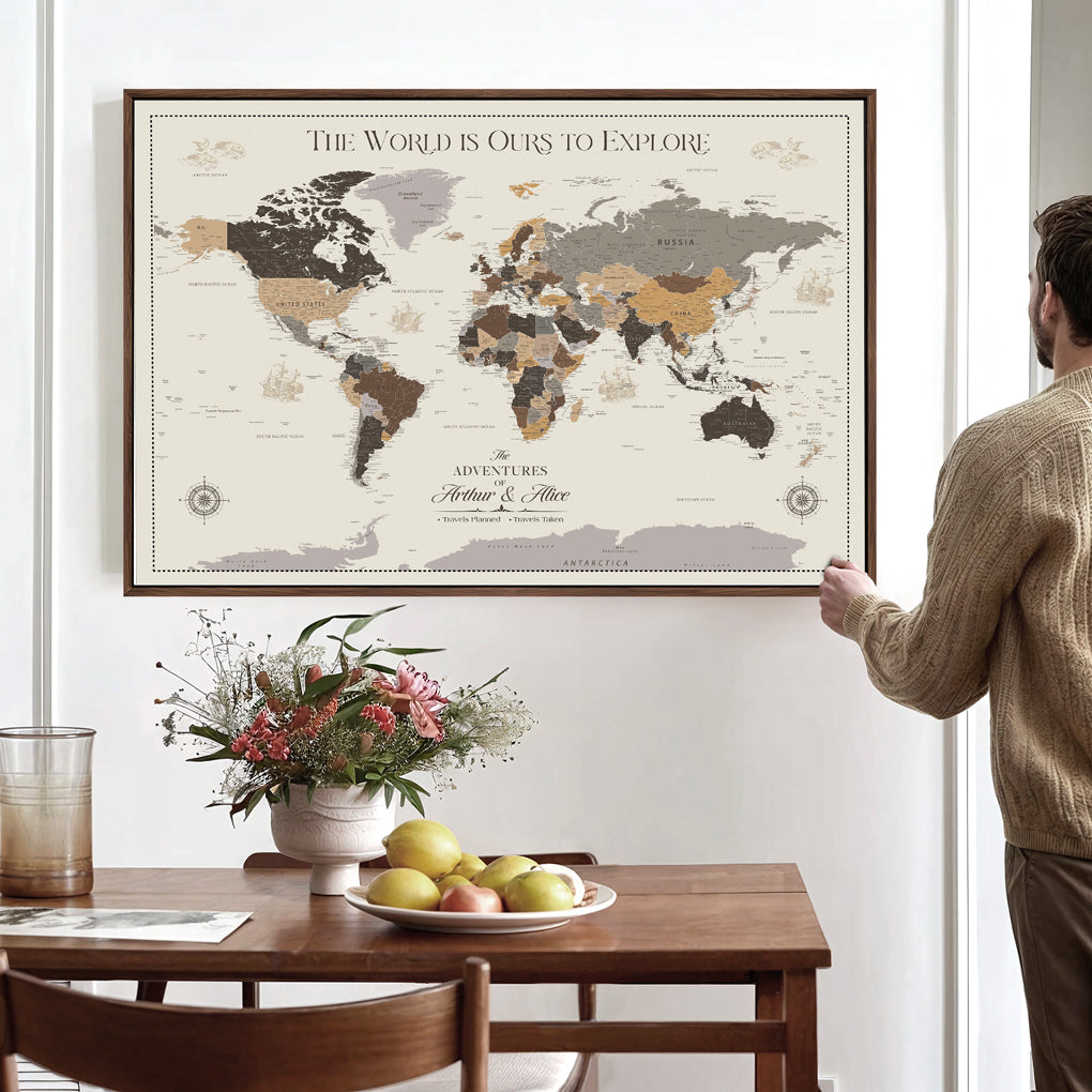 -Personalized World Map Canvas Custom Framed Push Pin Travel Tracker Contemporary Wall Art Gift Couples Explorers Home Office