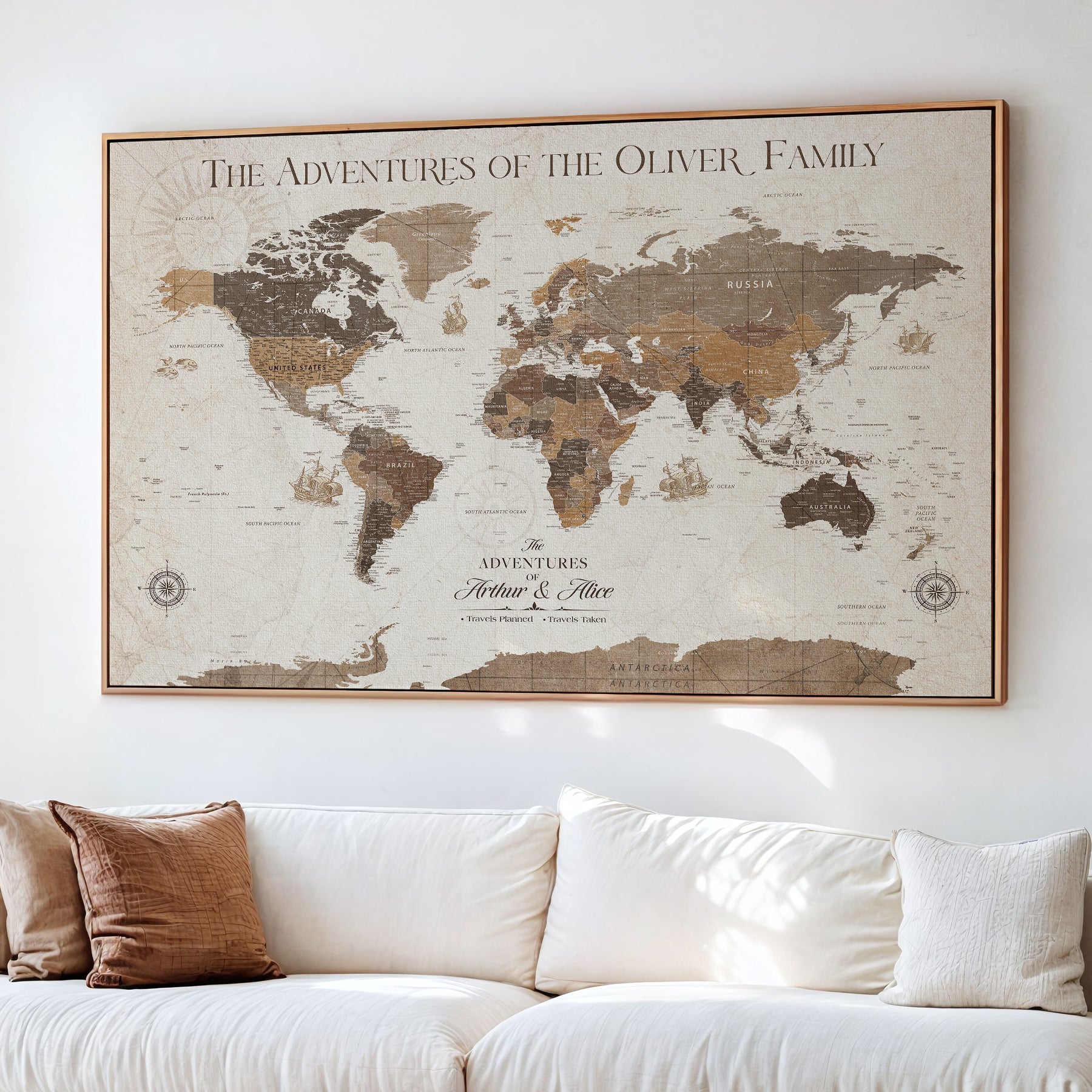 -Personalized Push Pin World Map Canvas Print Custom Family Travel Tracker Map Framed Adventure Gift for Couples Home Office