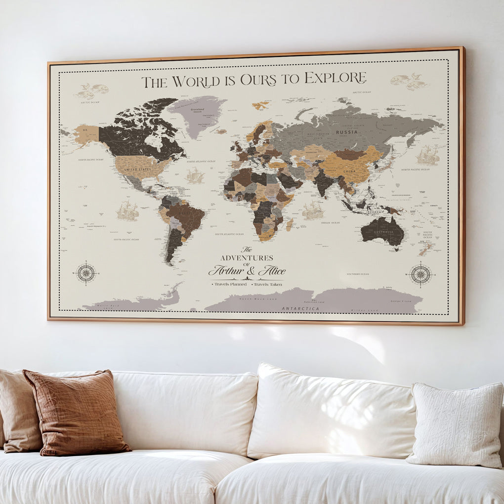 -Personalized World Map Canvas Custom Framed Push Pin Travel Tracker Contemporary Wall Art Gift Couples Explorers Home Office