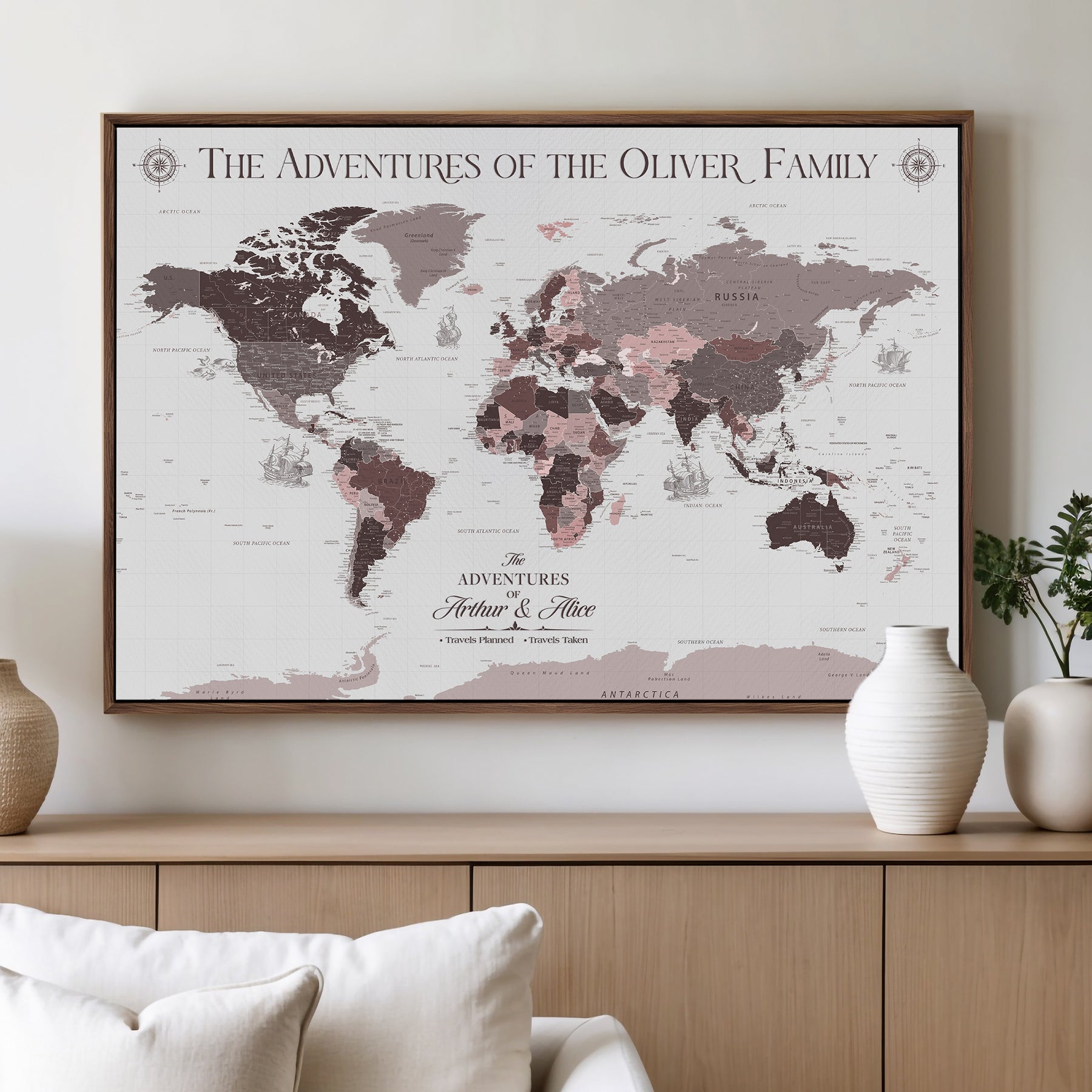 -Personalized Family Travel Map Canvas – Custom Framed Push Pin World Map, Unique Adventure Tracker Wall Art for Home, Office