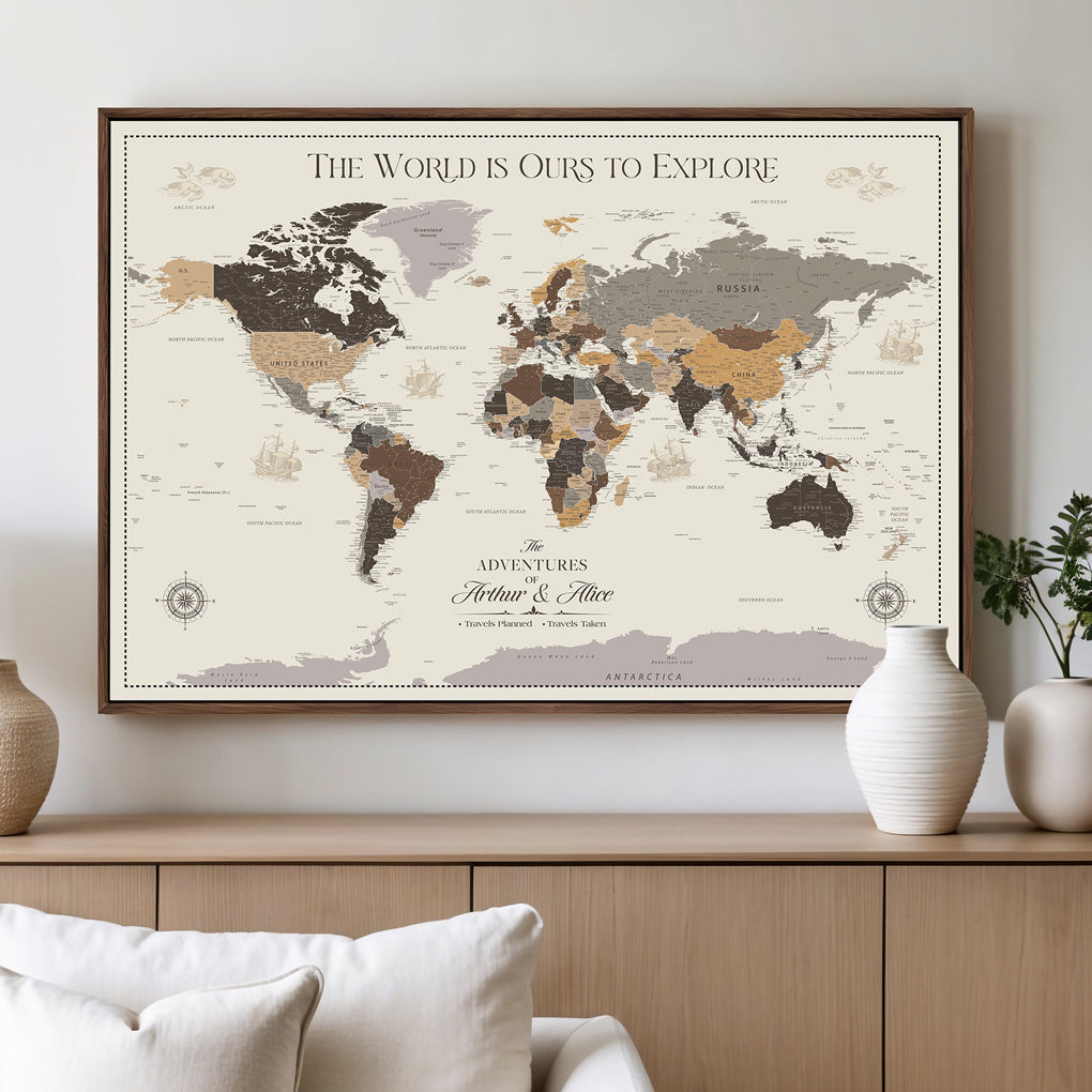 -Personalized World Map Canvas Custom Framed Push Pin Travel Tracker Contemporary Wall Art Gift Couples Explorers Home Office