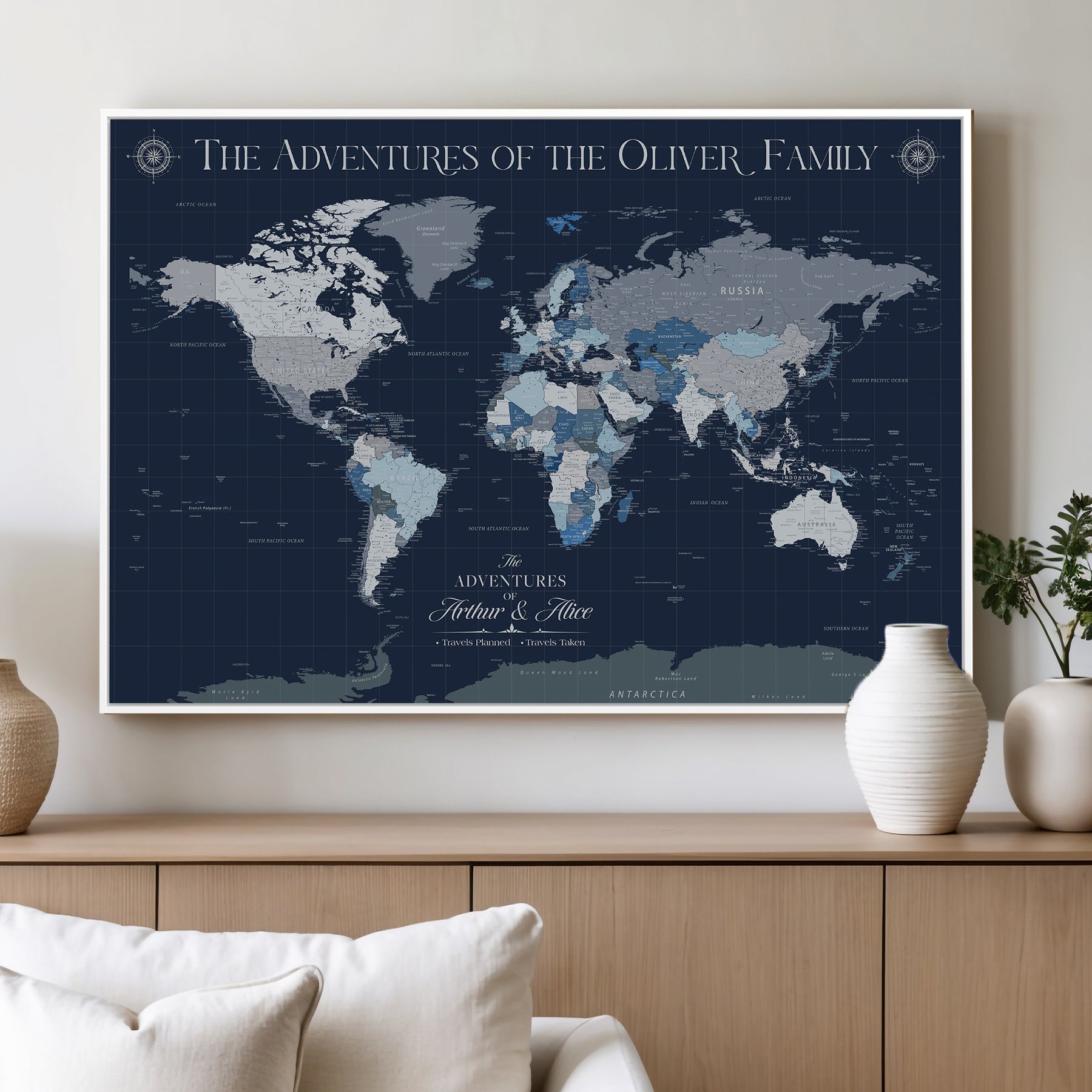 -Personalized Family Adventure World Map – Custom Framed Push Pin Travel Tracker Canvas, Elegant Wall Art for Home, Office