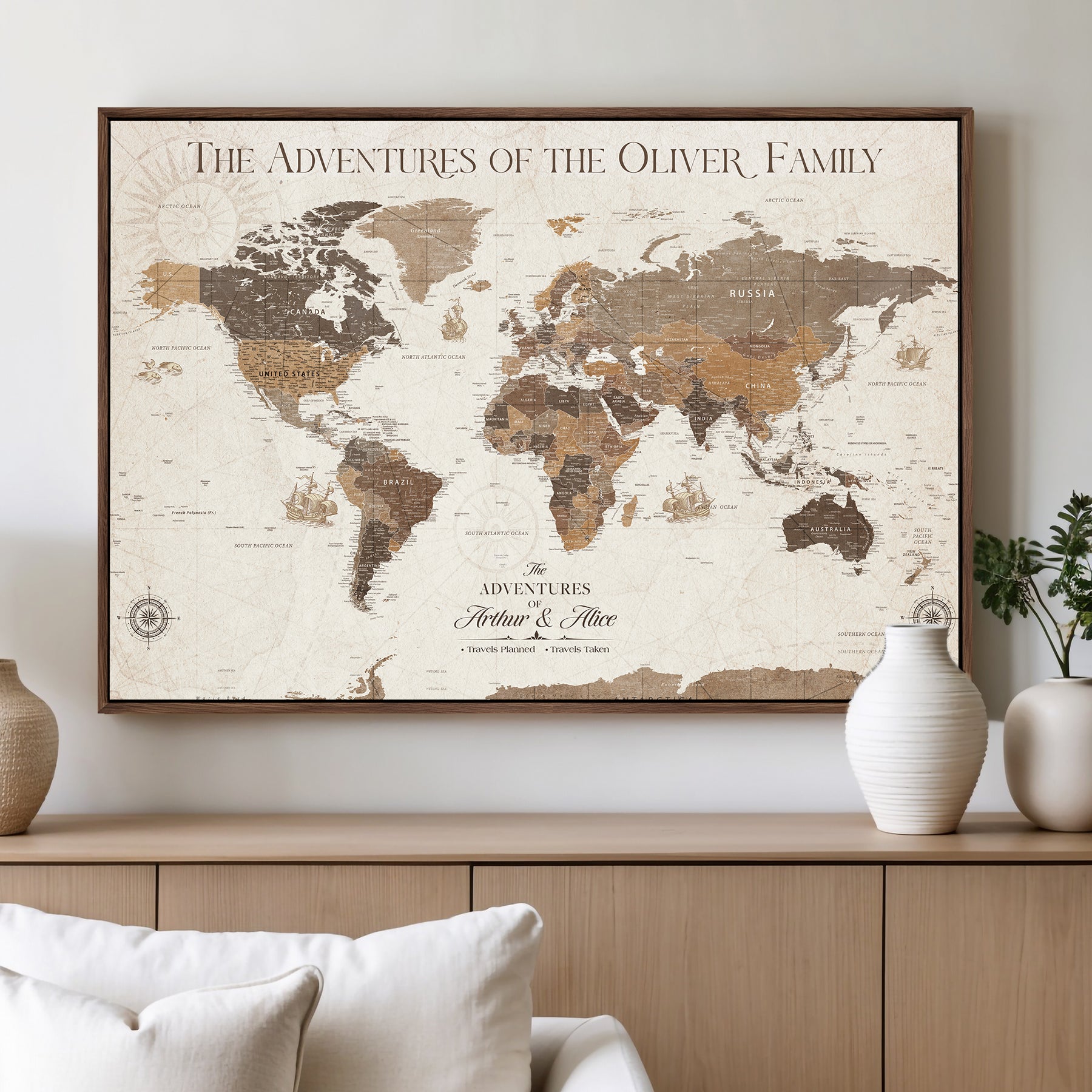 -Personalized Push Pin World Map Canvas Print Custom Family Travel Tracker Map Framed Adventure Gift for Couples Home Office