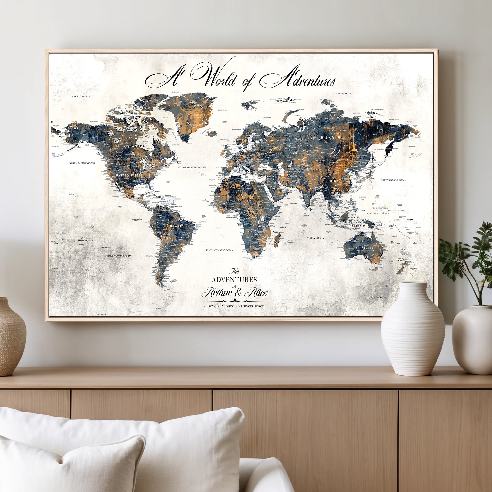-Personalized Push Pin World Map Canvas – Custom Framed Travel Tracker Wall Art, Large Adventure Map with Pins for Home, Office
