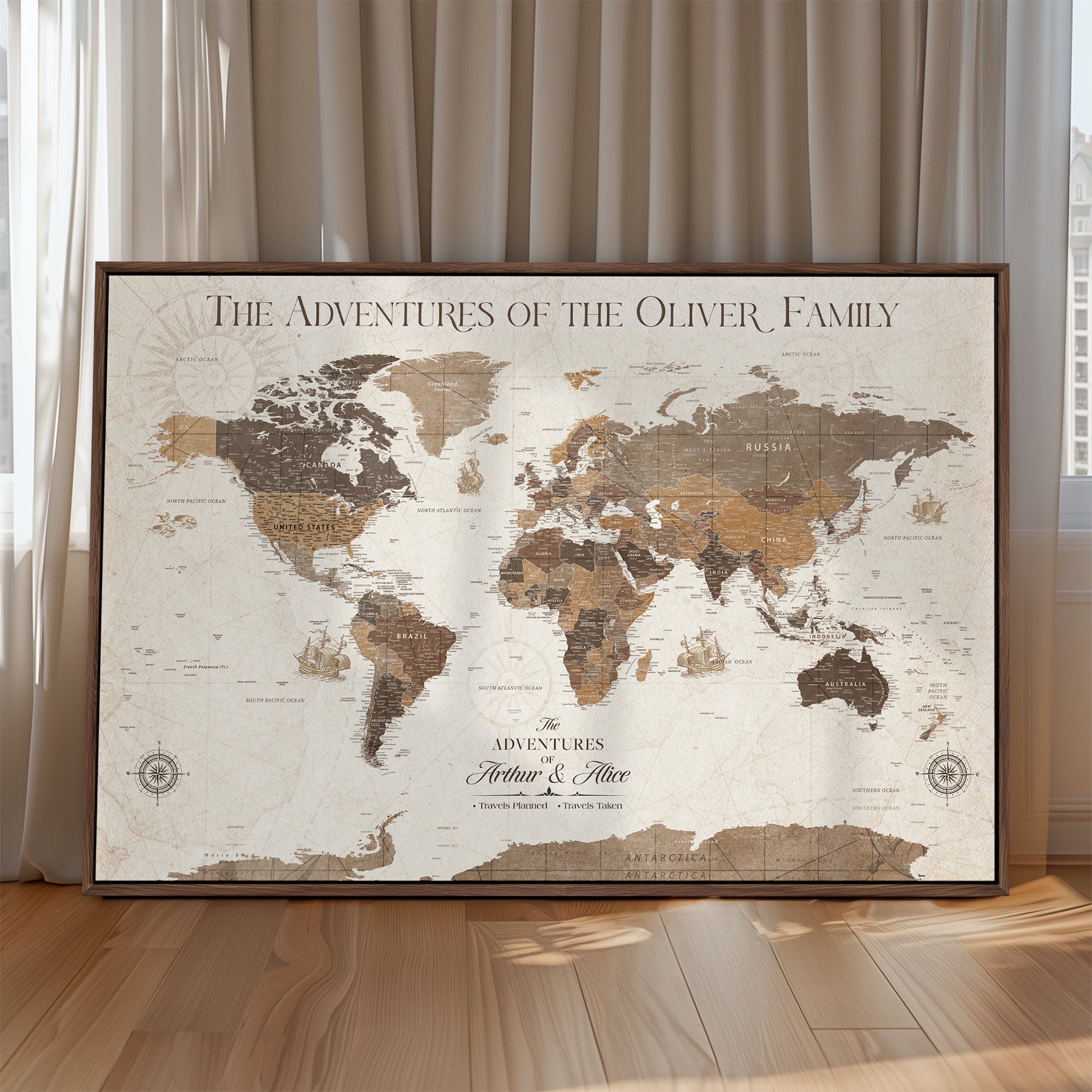 -Personalized Push Pin World Map Canvas Print Custom Family Travel Tracker Map Framed Adventure Gift for Couples Home Office